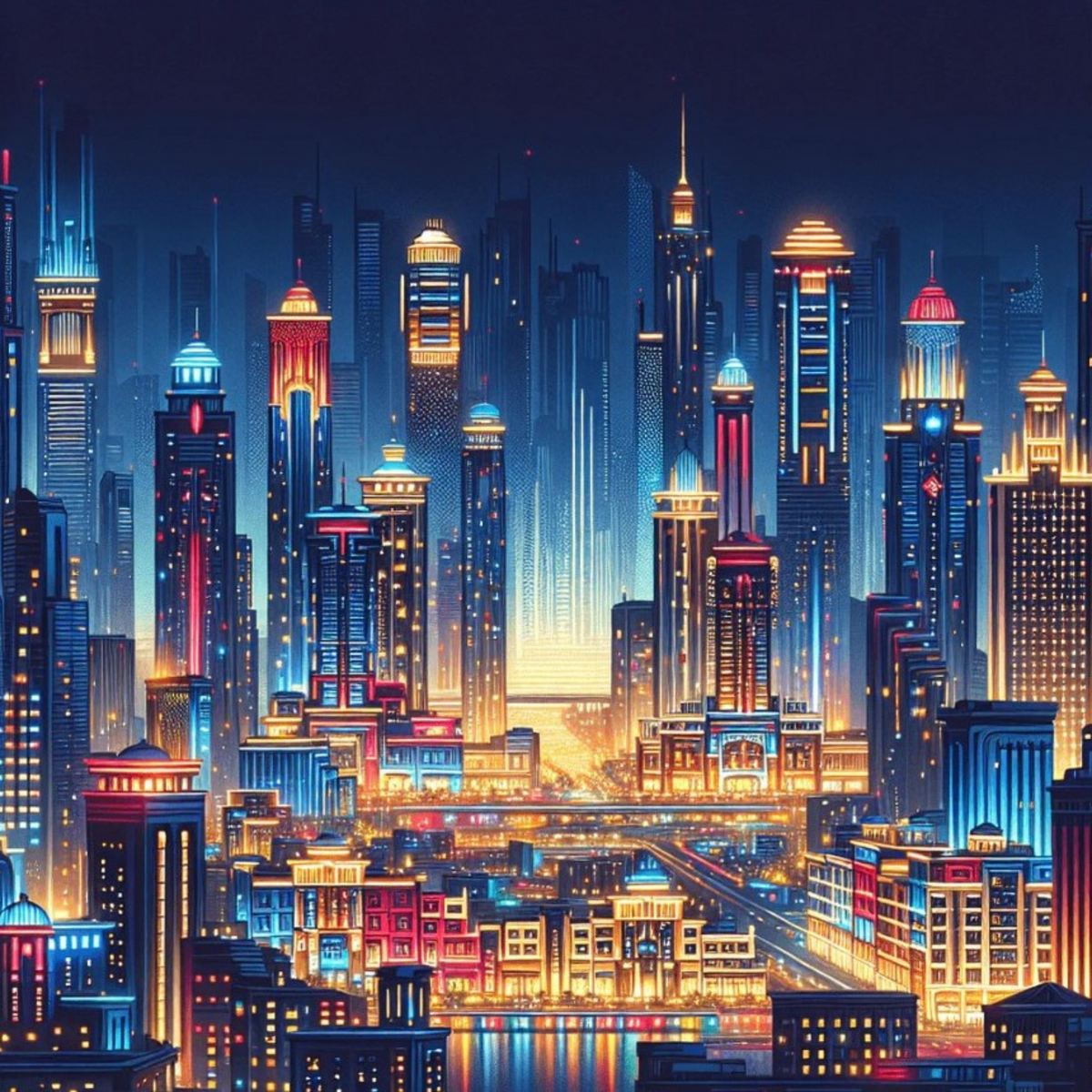 Diamond Painting Set Stadt der Lichter mit bunter Skyline und glänzenden AB-Steinen für ein lebendiges Stadtbild
