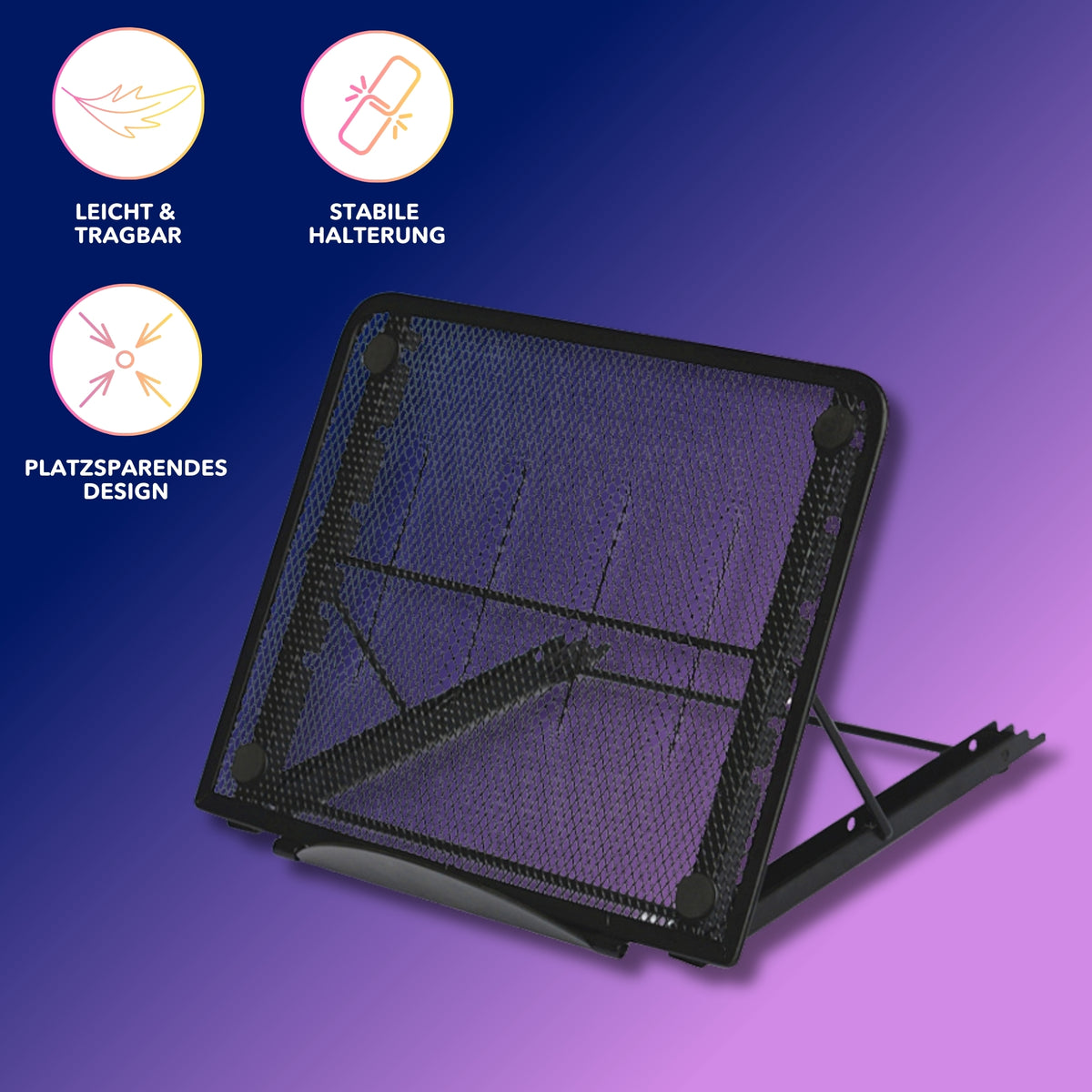 Schwarzer, zusammenklappbarer Diamond Painting Ständer mit stabiler Metallgitter-Halterung für ergonomisches Basteln.