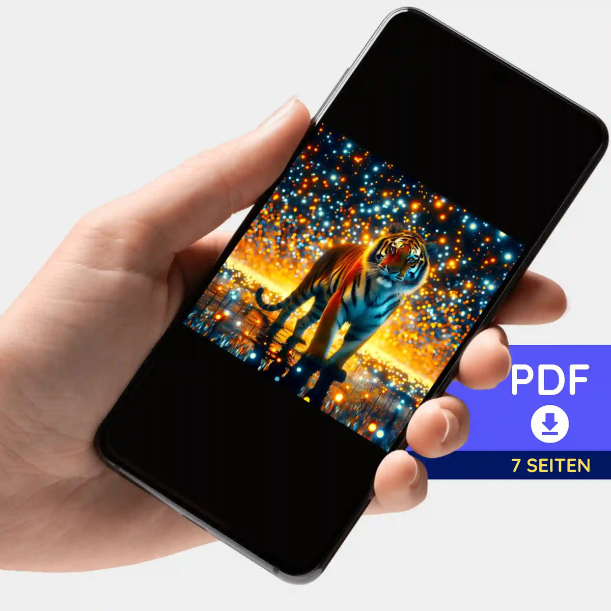 Digitale PDF Bildmappe für Diamond Painting oder Malen nach Zahlen mit Tiger Motiv Sternenwächter auf Smartphone
