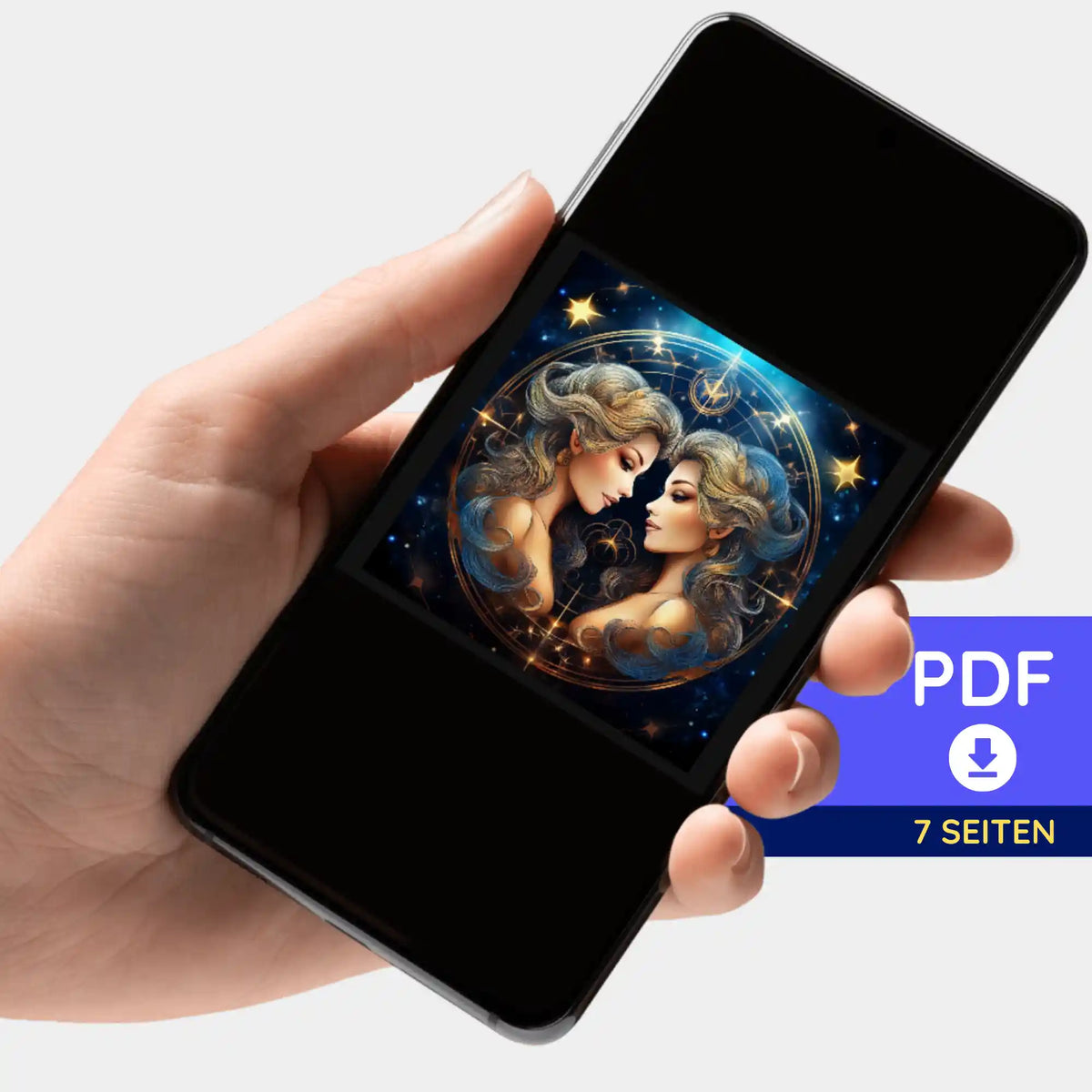 Smartphone mit digitaler 7-Seiten PDF Bildmappe für Diamond Painting Motiv Sternzeichen Zwillinge