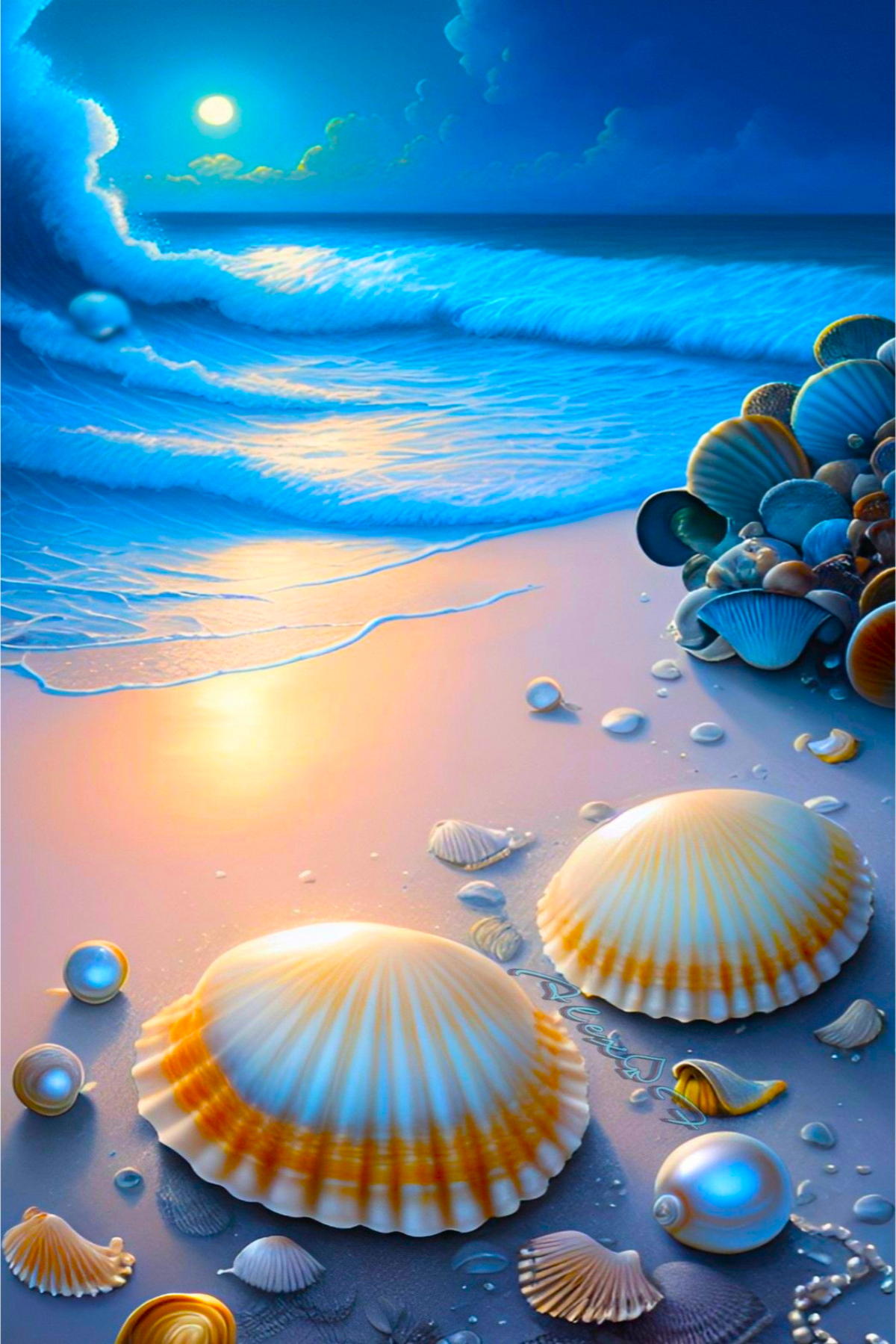 Diamond Painting Set Strand im Nachtglanz mit glitzernden Muscheln, Meer und Mondschein bei Nacht