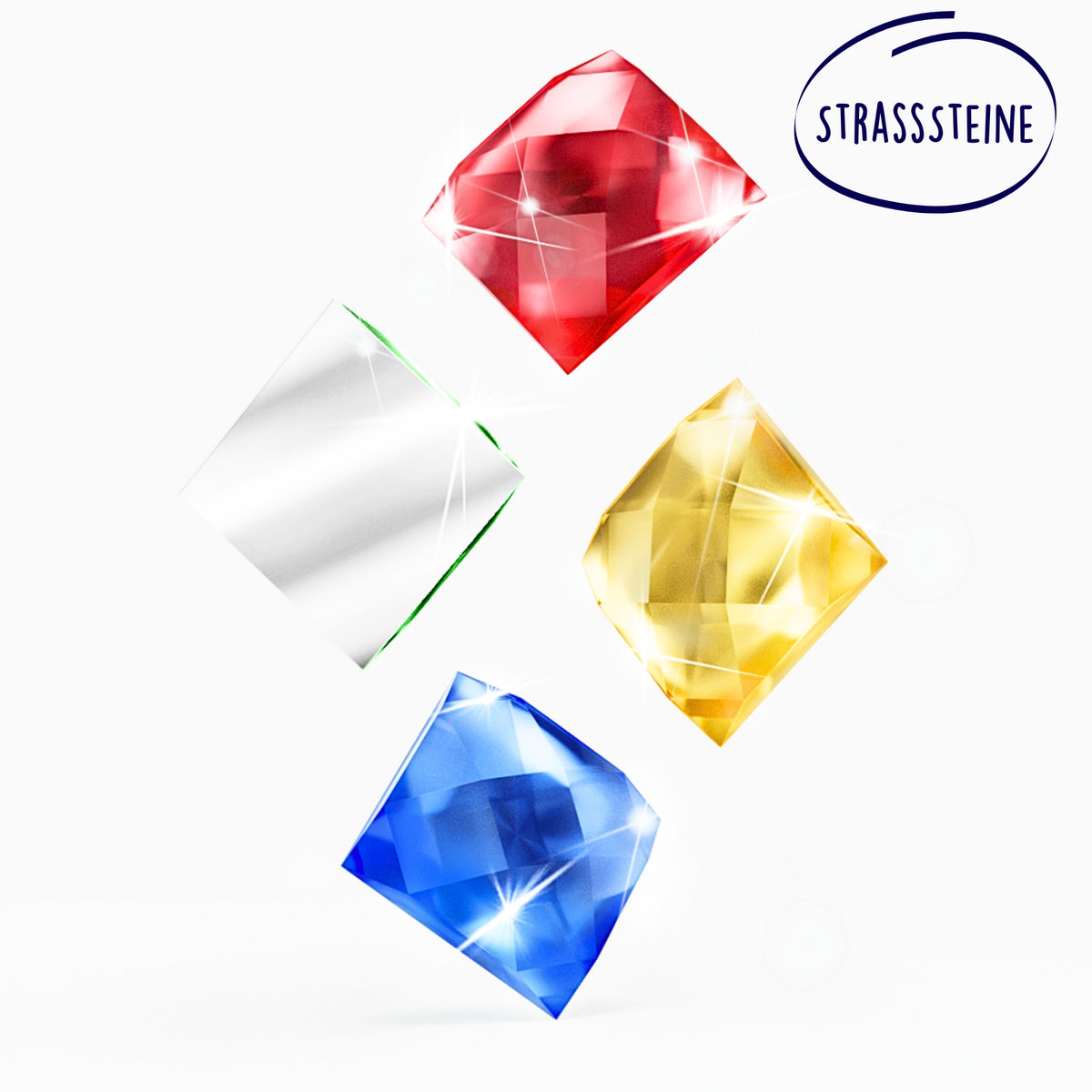 Glitzernde bunte Strasssteine für Diamond Painting Projekte in Rot, Blau, Gelb und Silber vor weißem Hintergrund