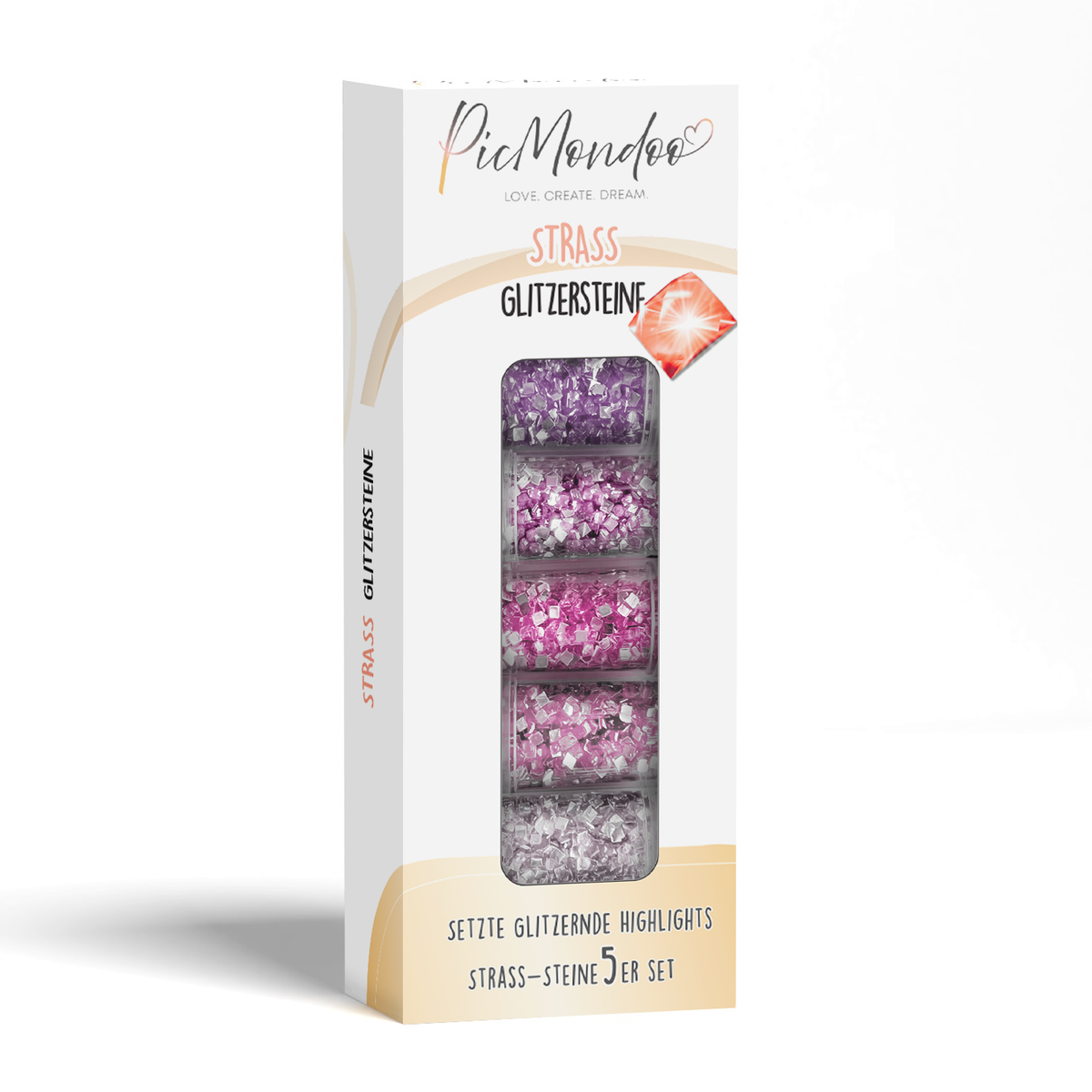 Picmondoo Diamond Painting Strass-Special 5er Set mit eckigen, lila glitzernden Steinchen für funkelnde Highlights