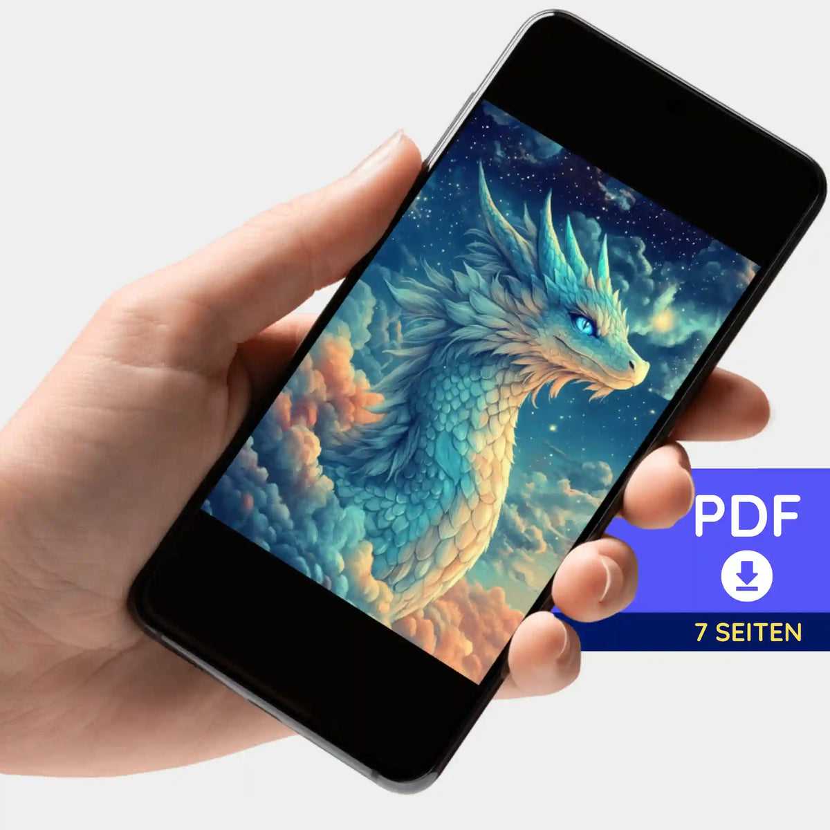 Smartphone mit digitaler PDF-Bildmappe zum Diamond Painting Motiv Himmelsdrache Saphira von Picmondoo