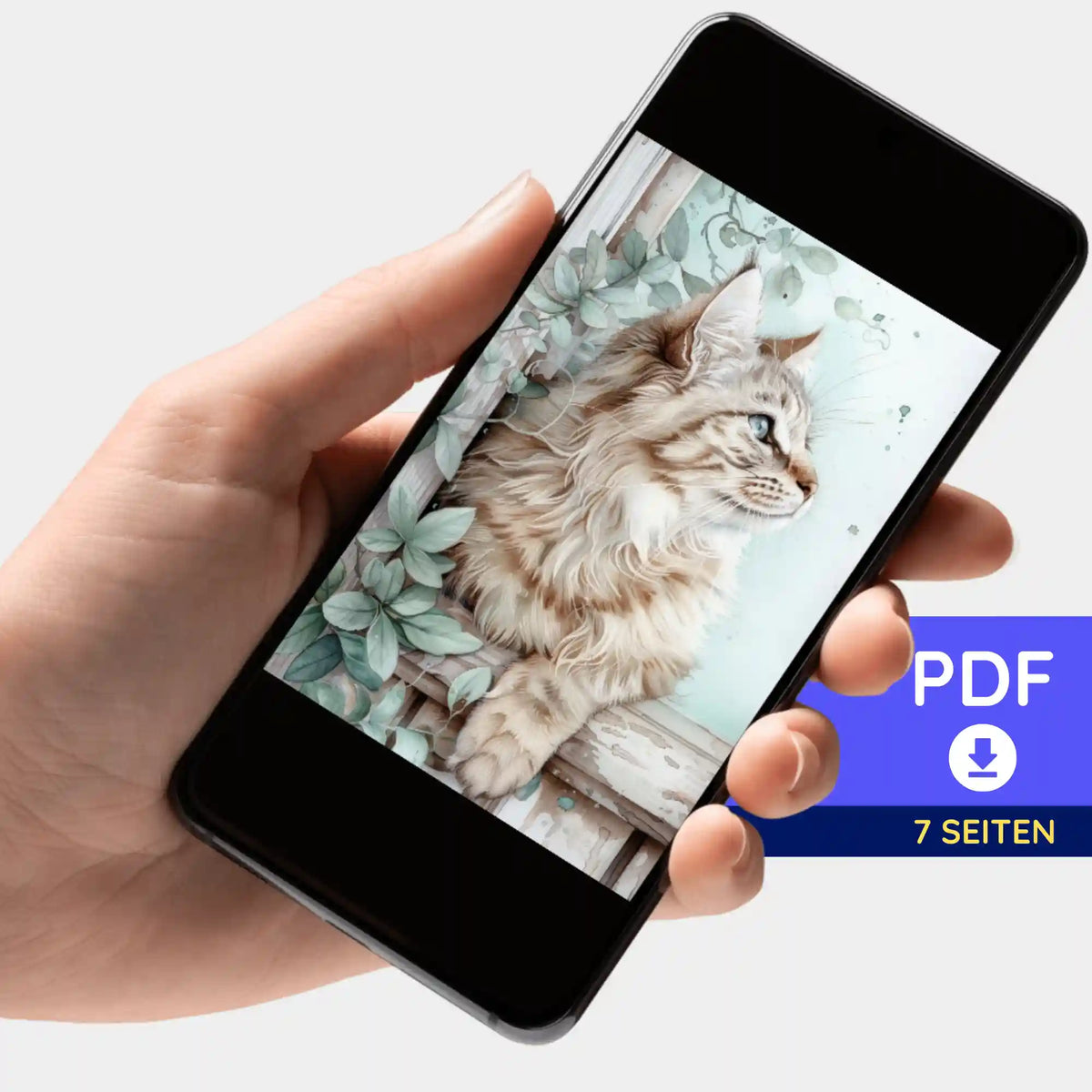 Digitale PDF-Bildmappe zur Diamond Painting Vorlage Kater Cosimo auf einem Smartphone für kreative Bastelprojekte