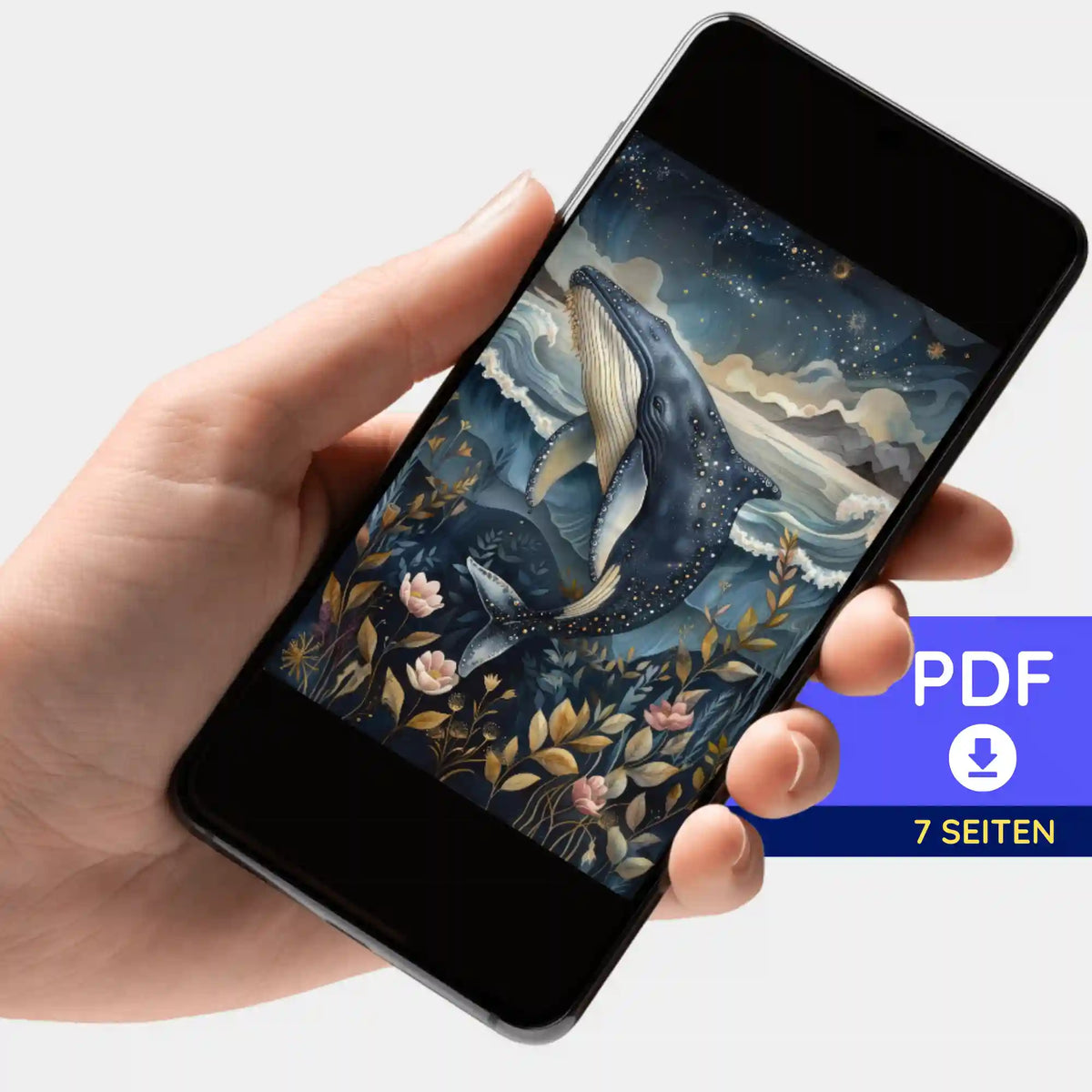 Digitale PDF-Bildmappe Meeresträume für Diamond Painting und Malen nach Zahlen auf einem Smartphone angezeigt.