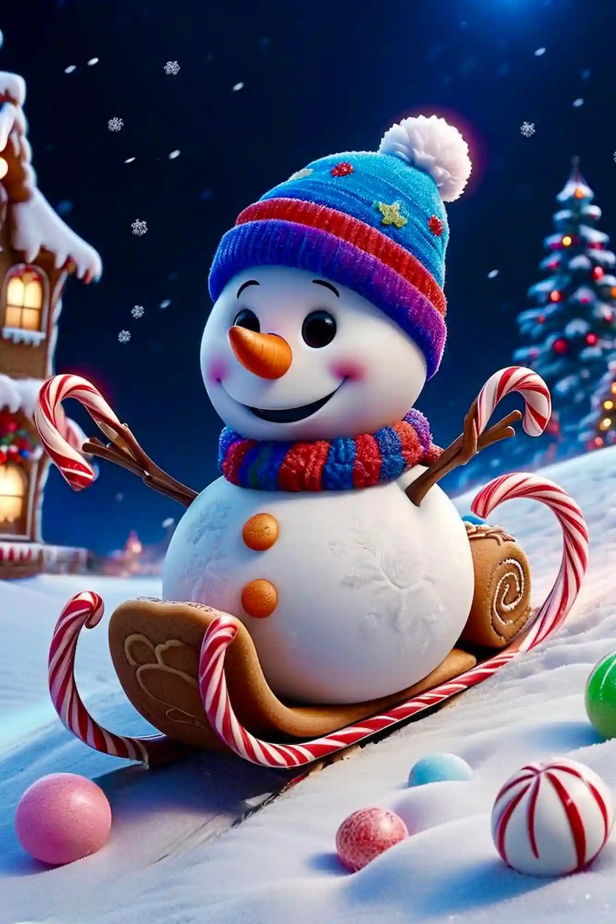 Diamond Painting Set: Niedlicher Schneemann auf Schlitten aus Zuckerstangen mit Lebkuchenhaus und Weihnachtsbaum
