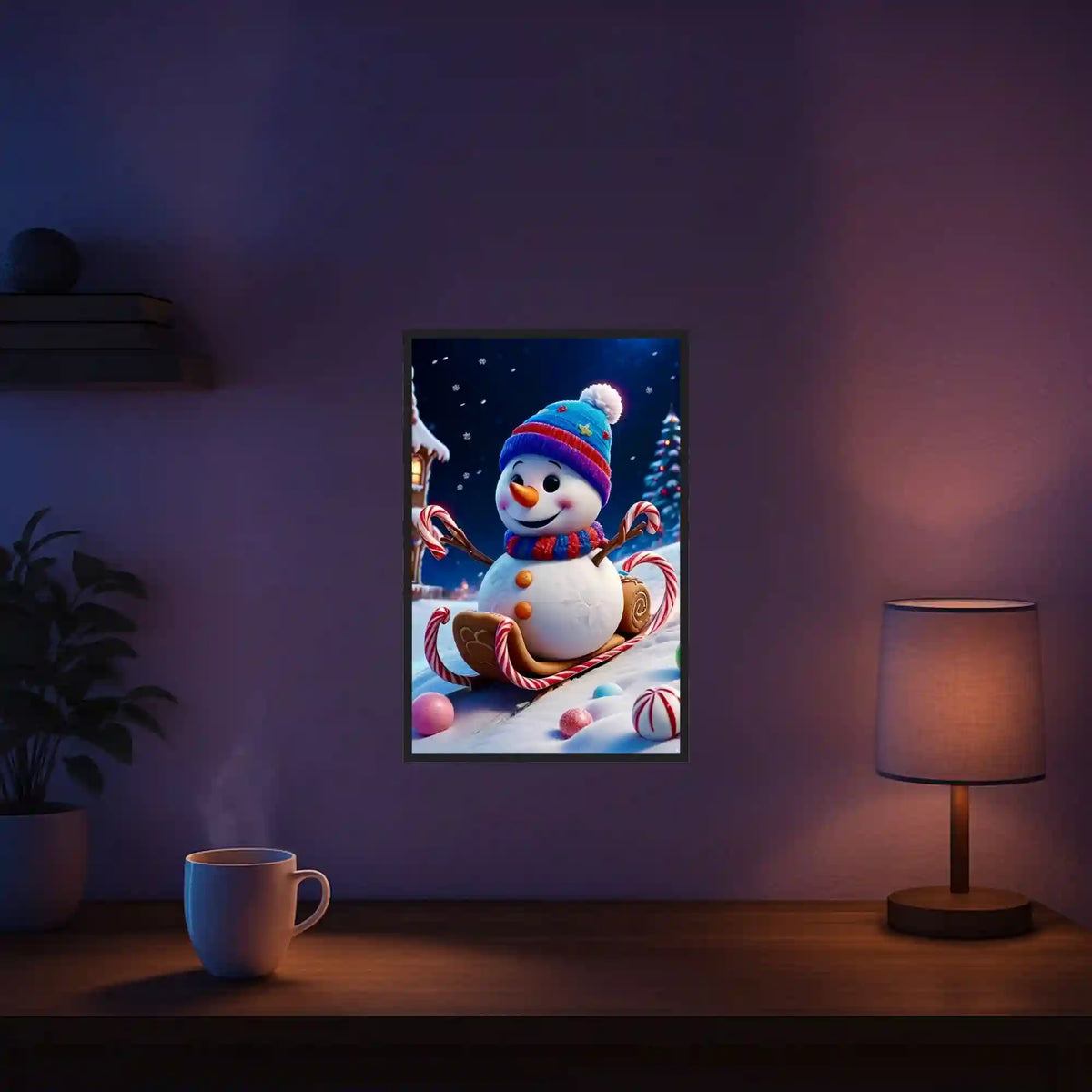Diamond Painting Set eines lachenden Schneemanns mit Schal und Zuckerstangen bei einer nächtlichen Schlittenfahrt im Schnee.