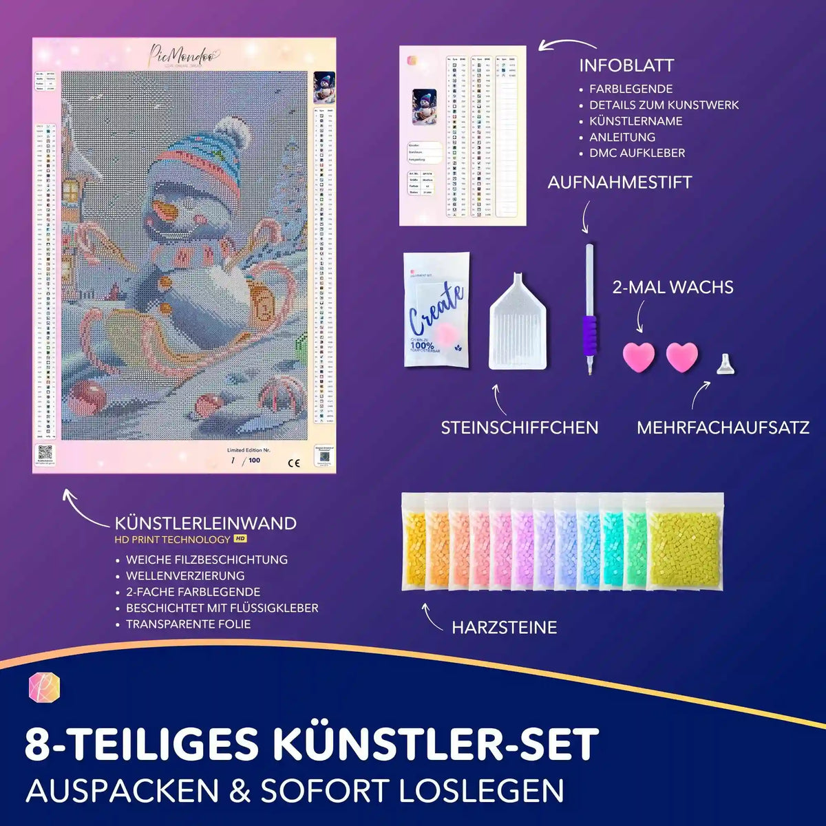 Diamond Painting Set Sweet Schlittenfahrt mit Schneemann, bunten Glitzersteinen, Leinwand und Zubehör für DIY Kunst