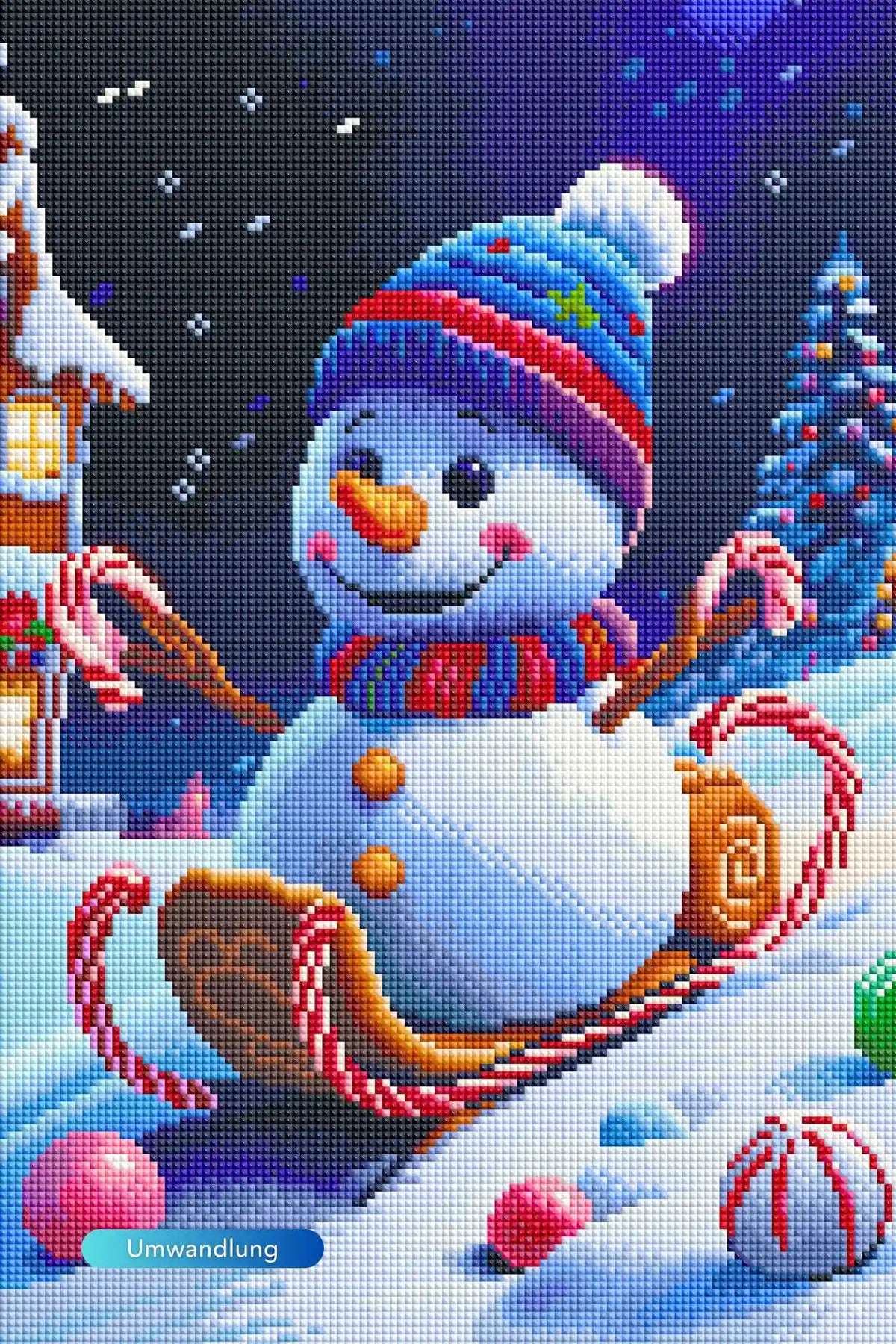 Diamond Painting Set Schneemann im Schlitten mit Zuckerstangen, bunten Kugeln und Weihnachtsbaum im Winter-Design.