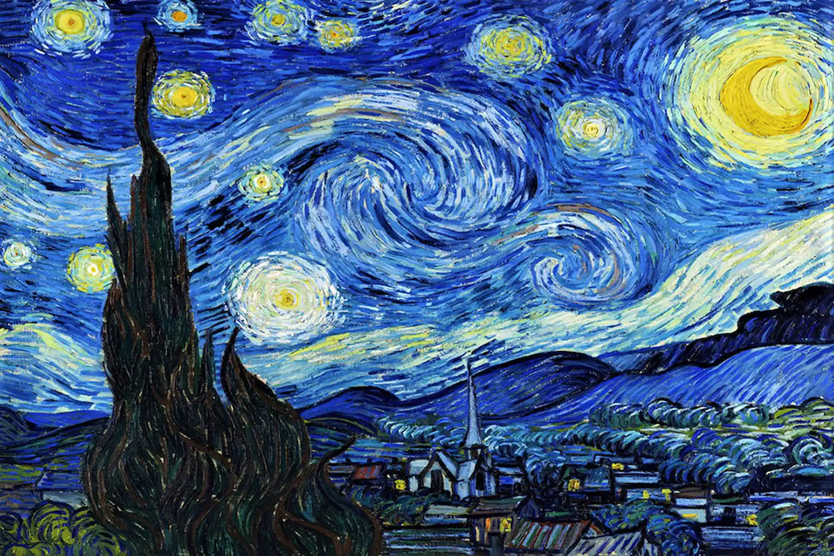 Diamond Painting Set Van Gogh Sternennacht: Quadratische Steine auf 40x60cm Leinwand mit berühmtem blauem Nachthimmel-Motiv