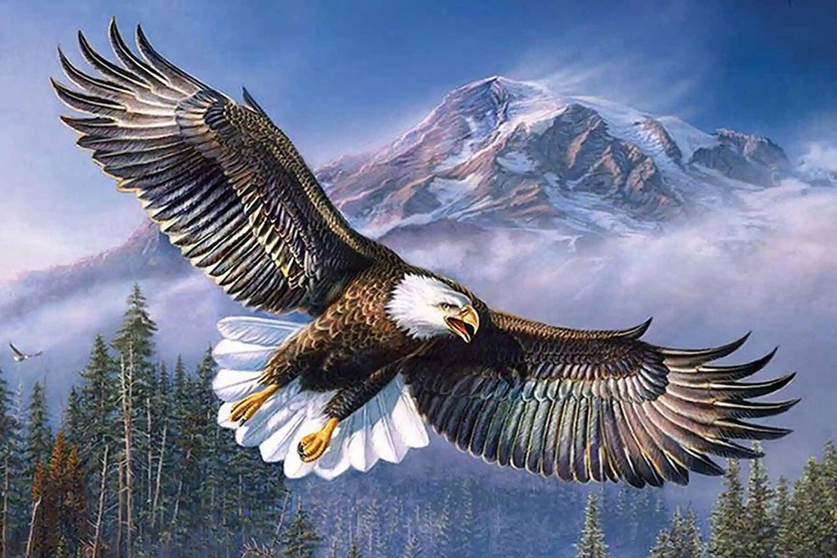 Diamond Painting Set Adler der Berge mit fliegendem Weißkopfseeadler vor einer schneebedeckten Berglandschaft.