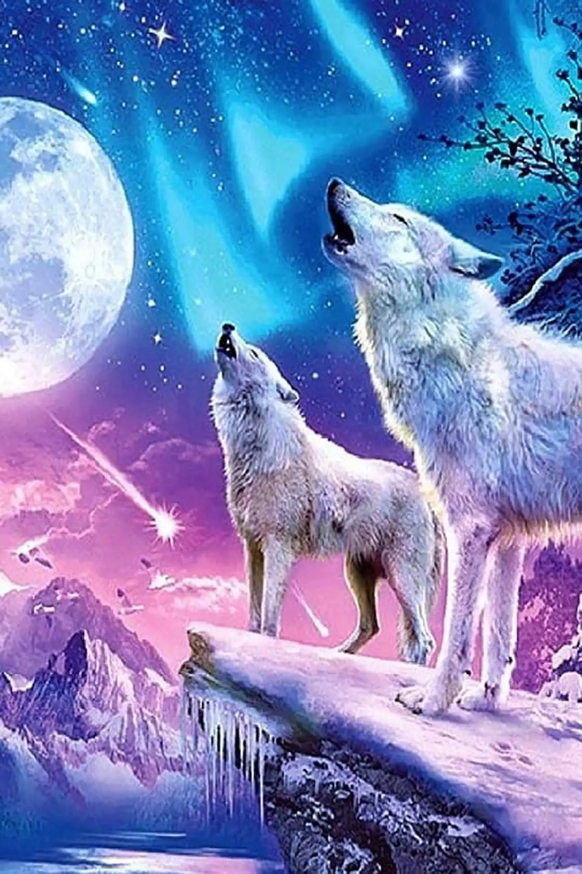 Diamond Painting Set Wölfe im Winterland mit leuchtendem Polarlicht, Vollmond und funkelnden Steinen.