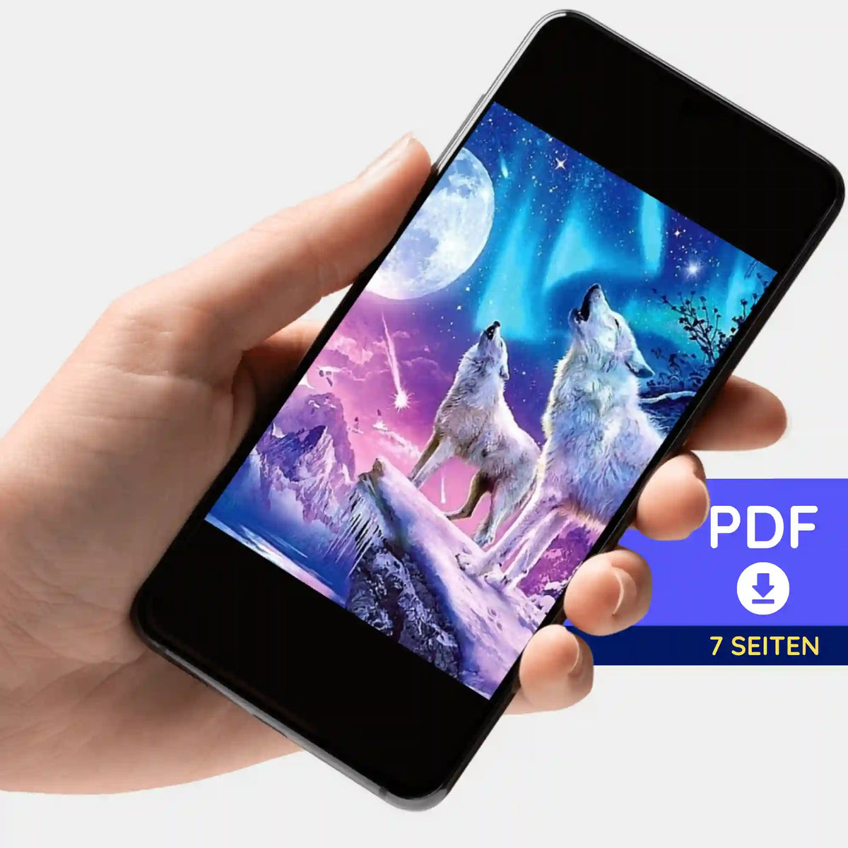 Digitale PDF-Bildmappe zum Diamond Painting Motiv Weiße Wölfe auf einem Smartphone präsentiert