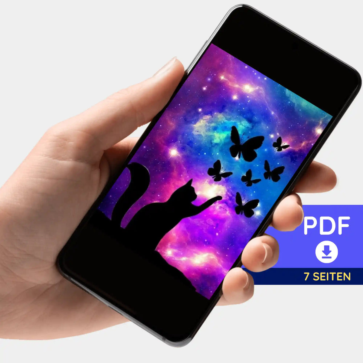 Digitale PDF-Bildmappe mit Katzen- und Schmetterlings-Motiv für Diamond Painting und kreative DIY-Projekte auf Smartphone