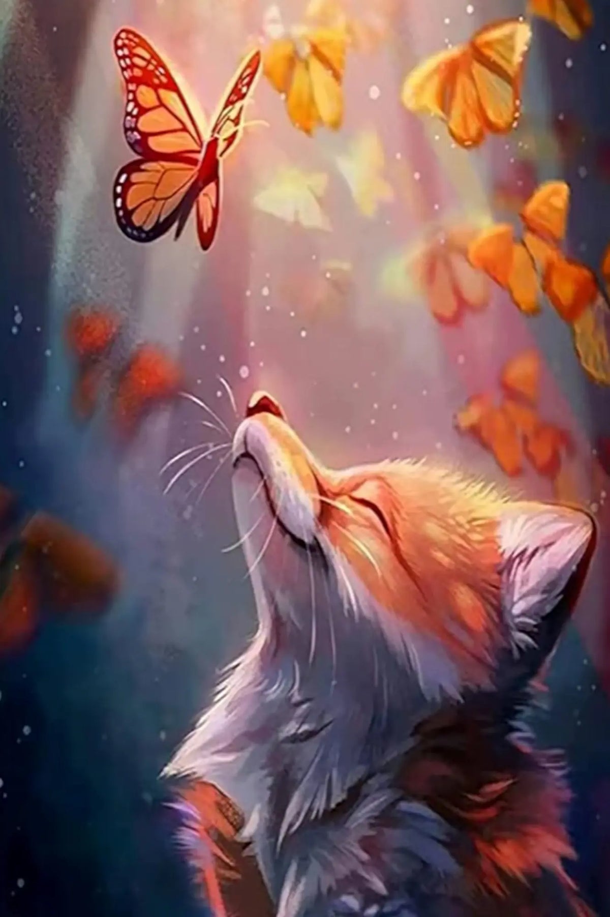 Diamond Painting Set Fuchs mit Schmetterlingen in einem herbstlichen Wald, 30x45cm mit glänzenden Steinchen.