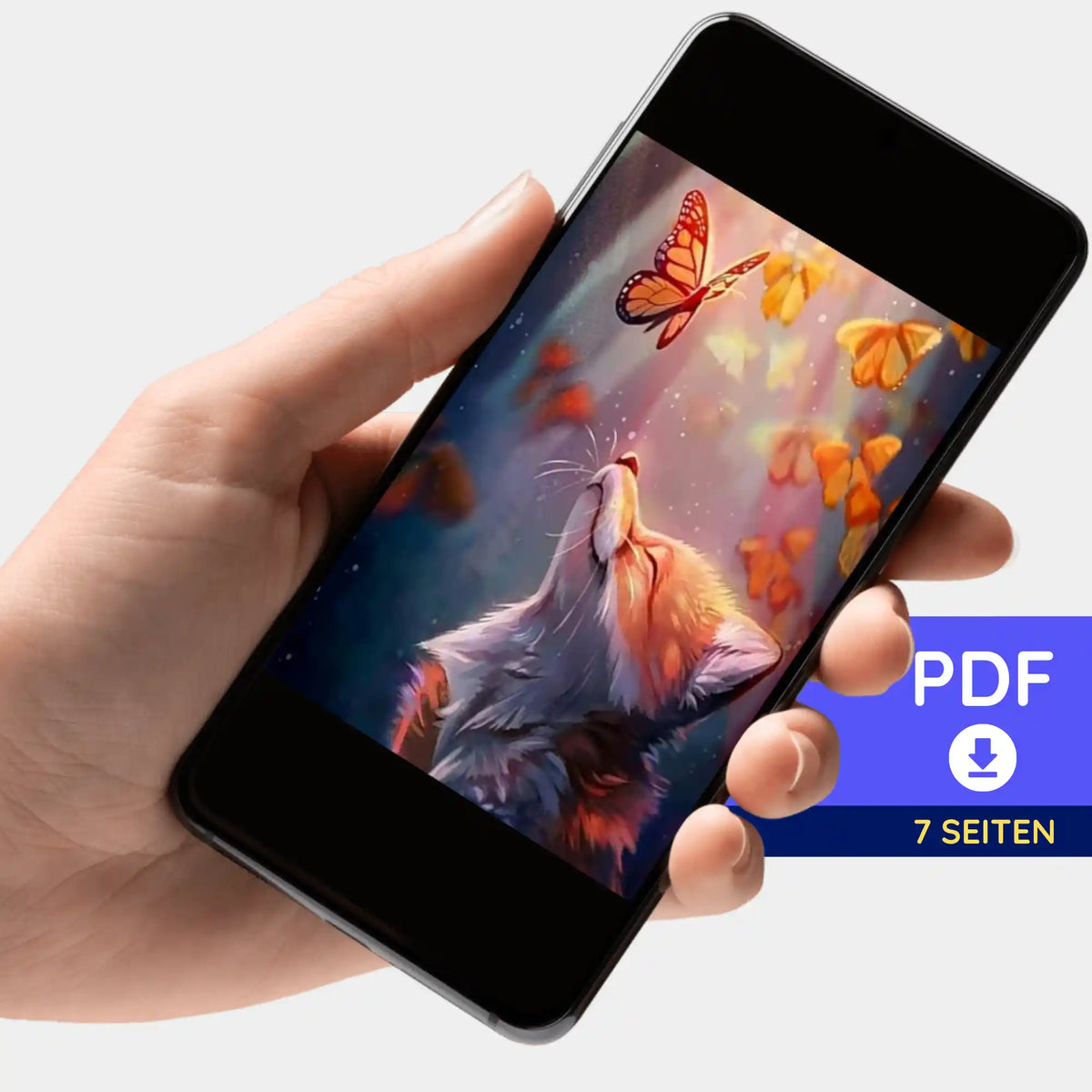 Smartphone mit digitaler Picmondoo PDF-Bildmappe für Diamond Painting und Malen nach Zahlen mit süßem Fuchs-Motiv