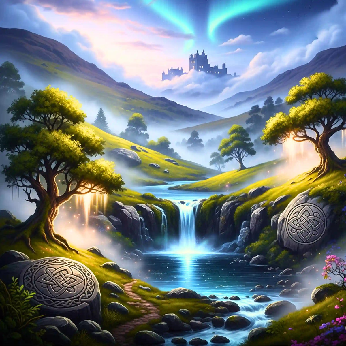 Diamond Painting Set Tal der Erinnerung mit magischem Wasserfall, nebliger Hügellandschaft, Schloss und Runen-Steinen.