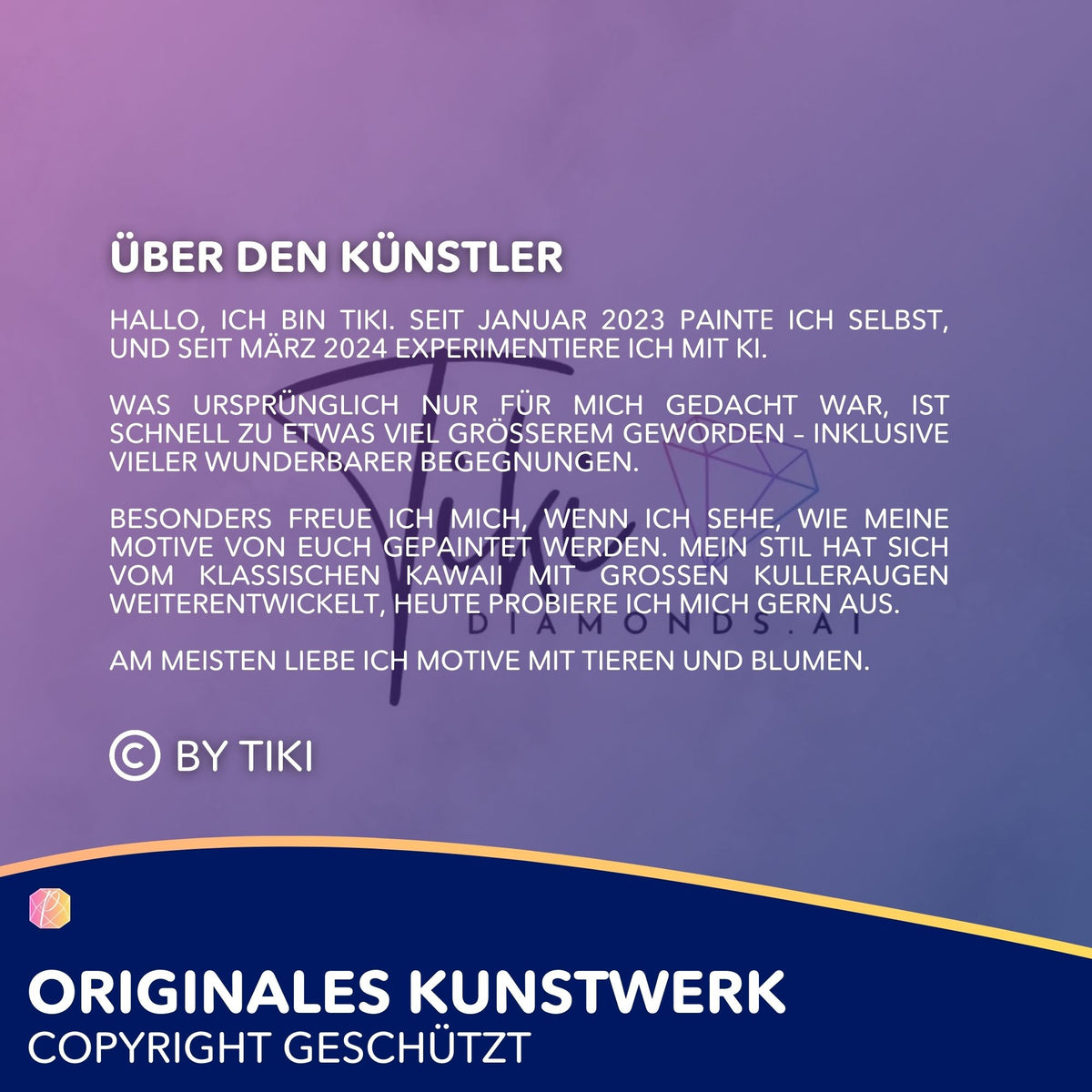 Künstler-Porträt für Diamond Painting Motive von Tiki mit dem Schwerpunkt auf Tierillustrationen und Blumenkunstwerken.
