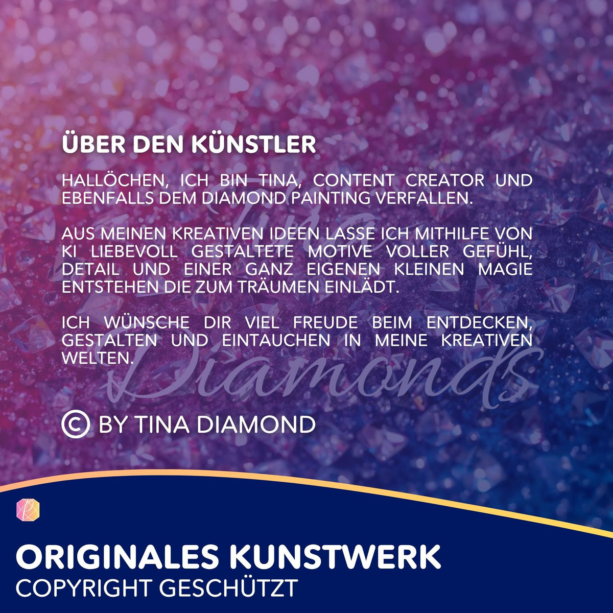 Diamond Painting Künstler-Infokarte für DIY-Sets mit glitzerndem Hintergrunddesign von Tina Diamond