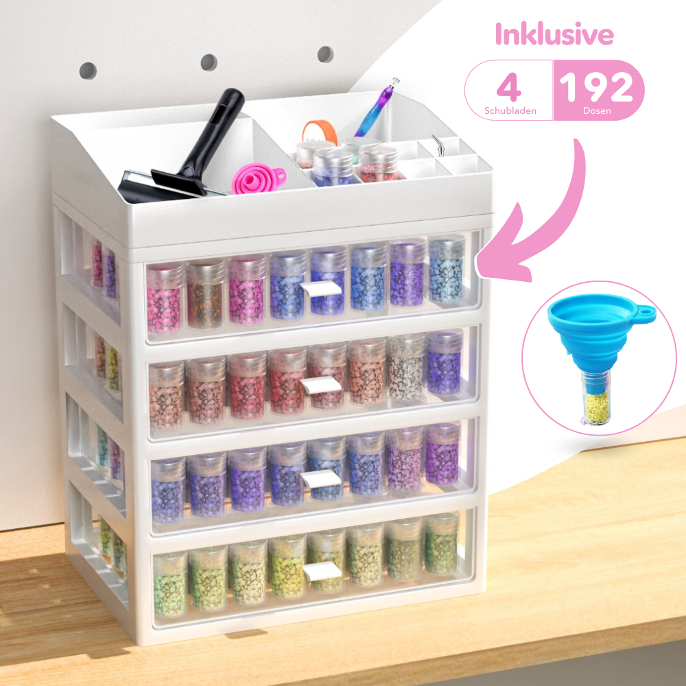 XXL Diamond Painting Tisch Organizer mit 4 Schubladen für 192 Steindöschen und Zubehörablage zur einfachen Aufbewahrung.