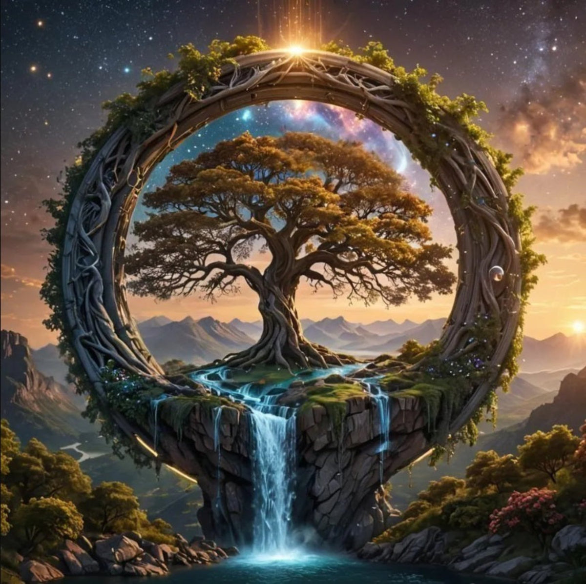 Diamond Painting Set Tor zur Anderswelt mit Fantasy-Baum, Wasserfall und Sternenhimmel in glitzernder Optik