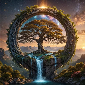 Diamond Painting Set Tor zur Anderswelt mit Fantasy-Baum, Wasserfall und Sternenhimmel in glitzernder Optik
