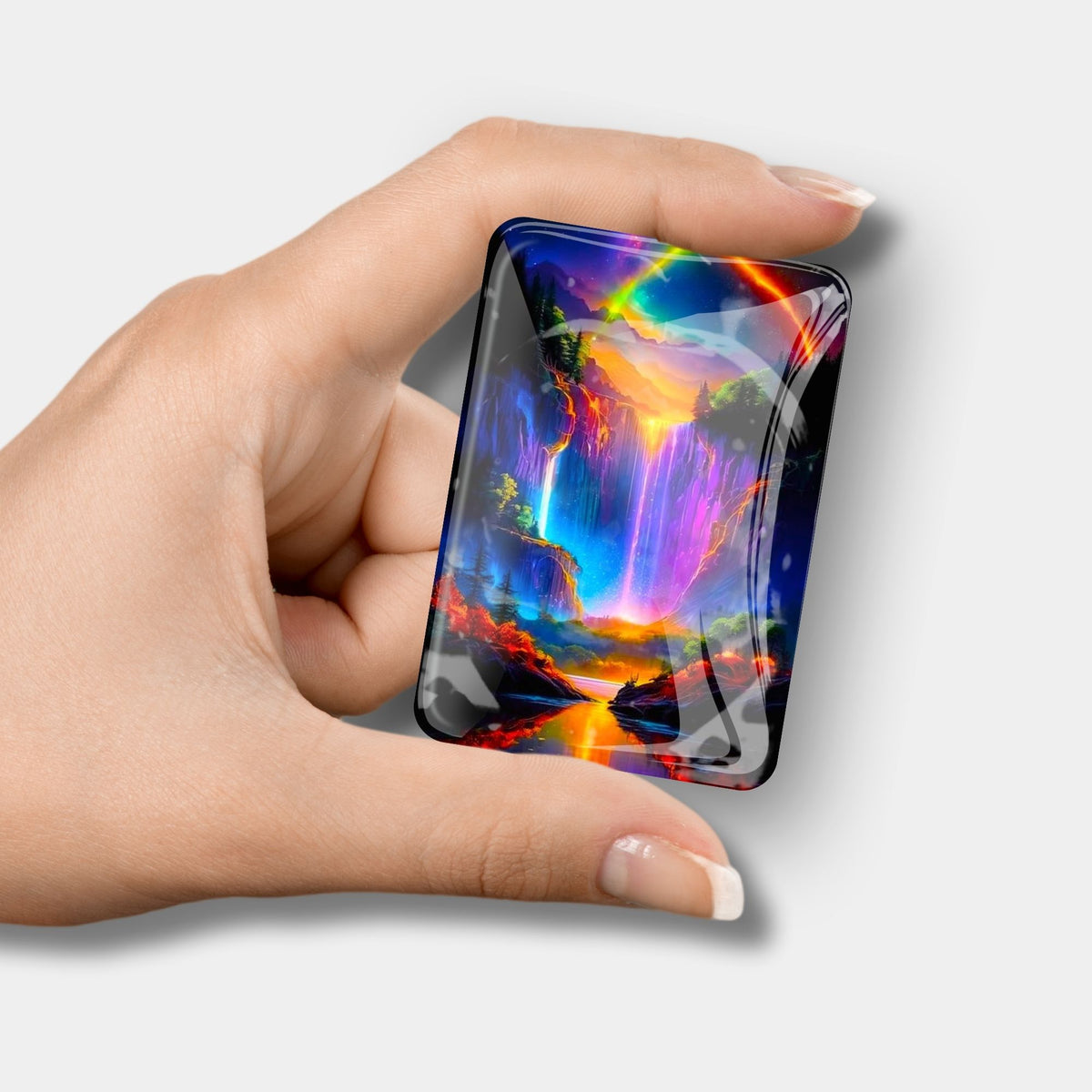 Glas Cover Minder mit Wasserfall-Motiv und Regenbogen für Diamond Painting Zubehör in der Hand gehalten
