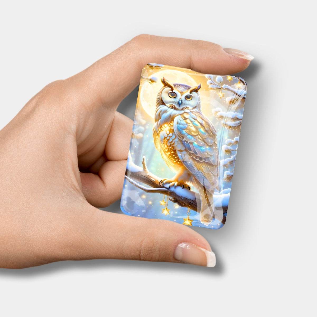 Glas Cover Minder mit goldener Schneeeule als praktisches Zubehör für Diamond Painting und Bastelsets