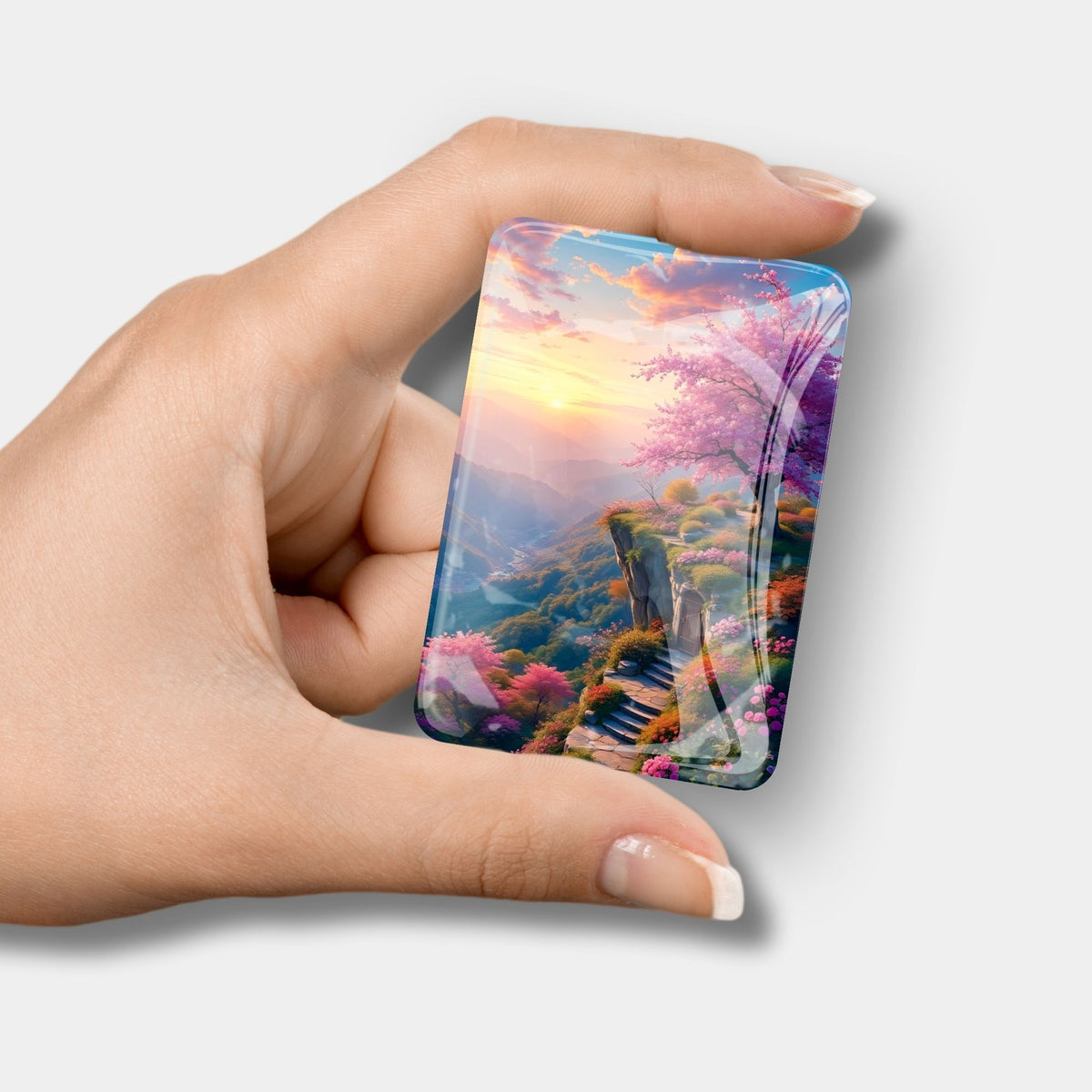 Glas Cover Minder Motiv Morgendämmerung für Diamond Painting Zubehör in einer Hand gehalten
