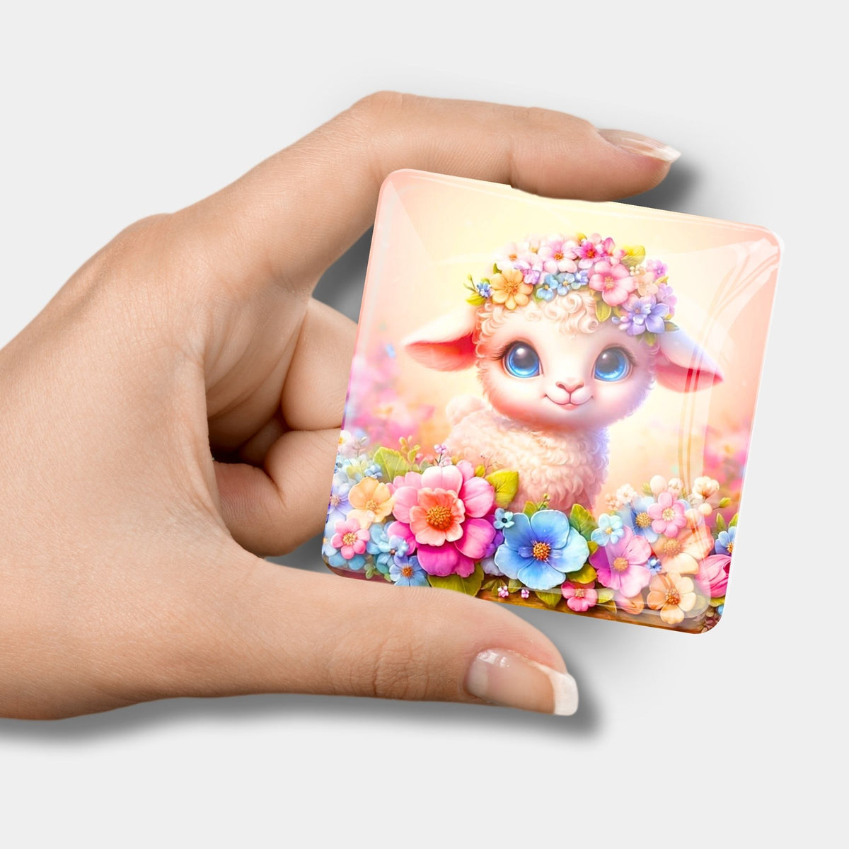 Glas Cover Minder mit süßem Osterlämmchen Motiv als praktisches Diamond Painting Zubehör