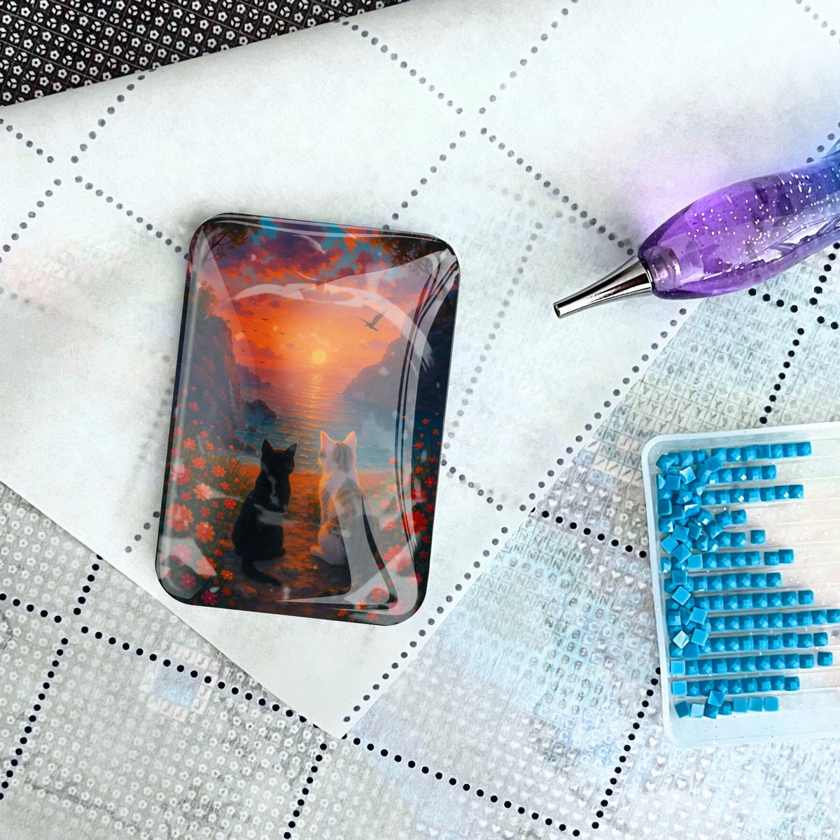 Glas Coverminder mit Katzen-Motiv zum Fixieren der Schutzfolie für Diamond Painting