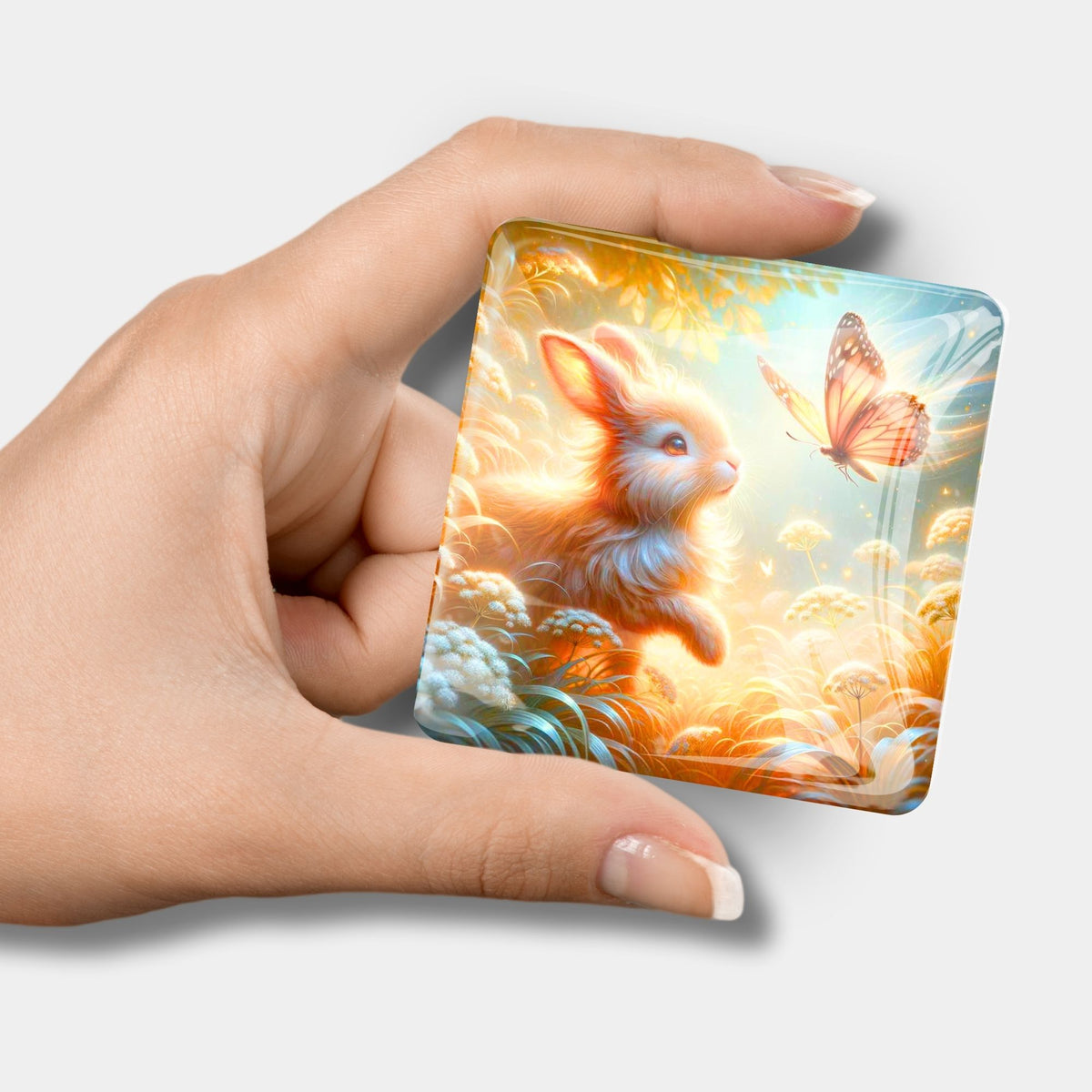 Quadratischer Diamond Painting Cover Minder Motiv Häschenfreunde mit Hase und Schmetterling in der Hand gehalten