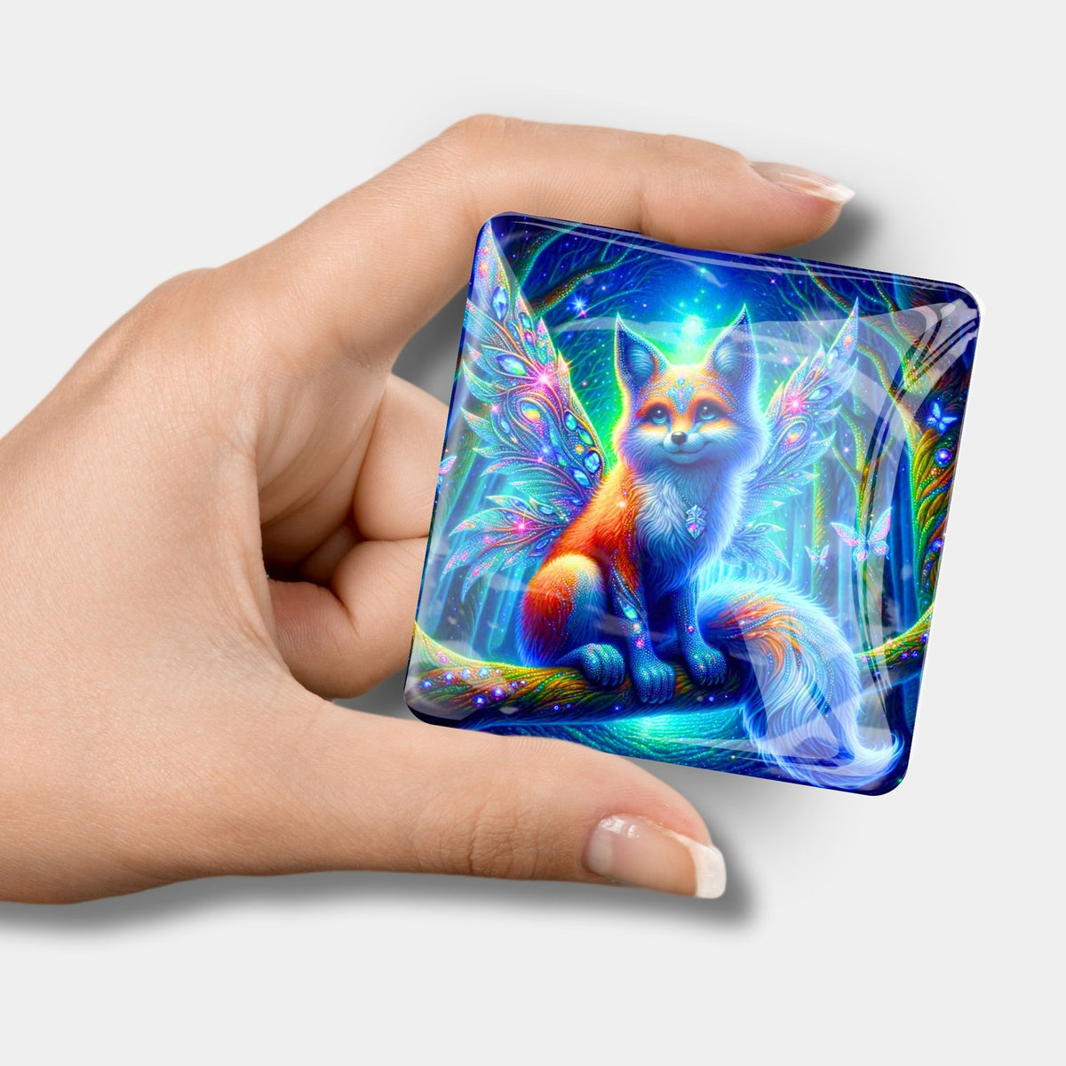 Magischer Fairy Fox Diamond Painting Cover Minder aus Glas in Hand gehalten mit buntem Fuchs-Motiv