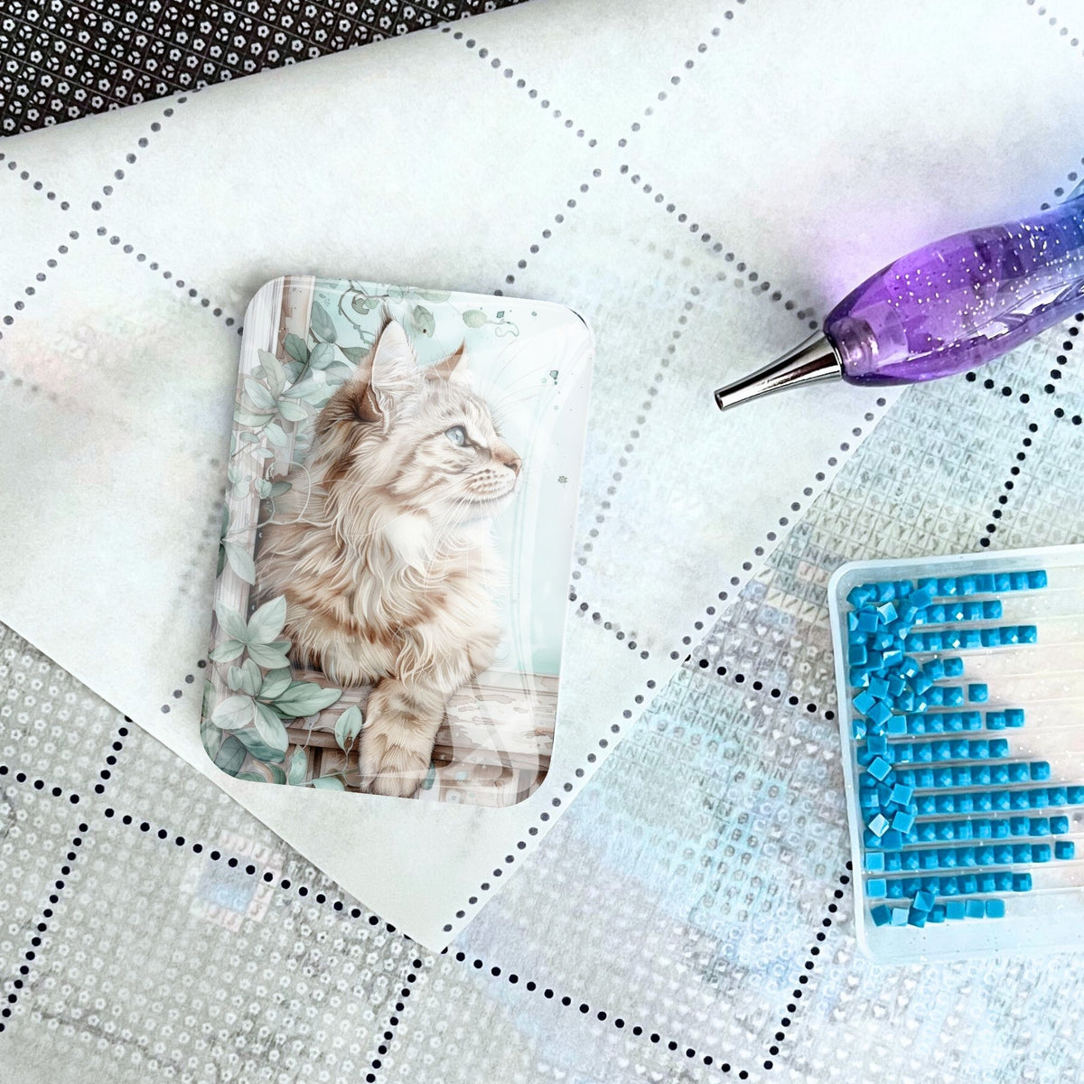 Kater Cosimo Glas-Coverminder auf Diamond Painting Leinwand mit Glitzersteinchen und Stift für zubehör