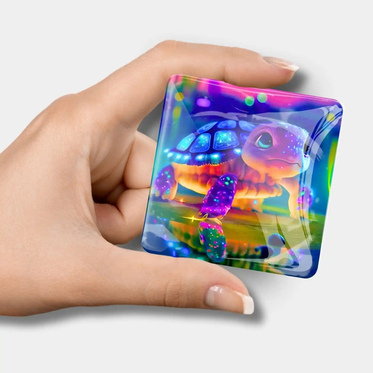 Quadratischer Diamond Painting Cover Minder aus Glas mit buntem Schildkröten-Motiv für den perfekten Halt der Schutzfolie