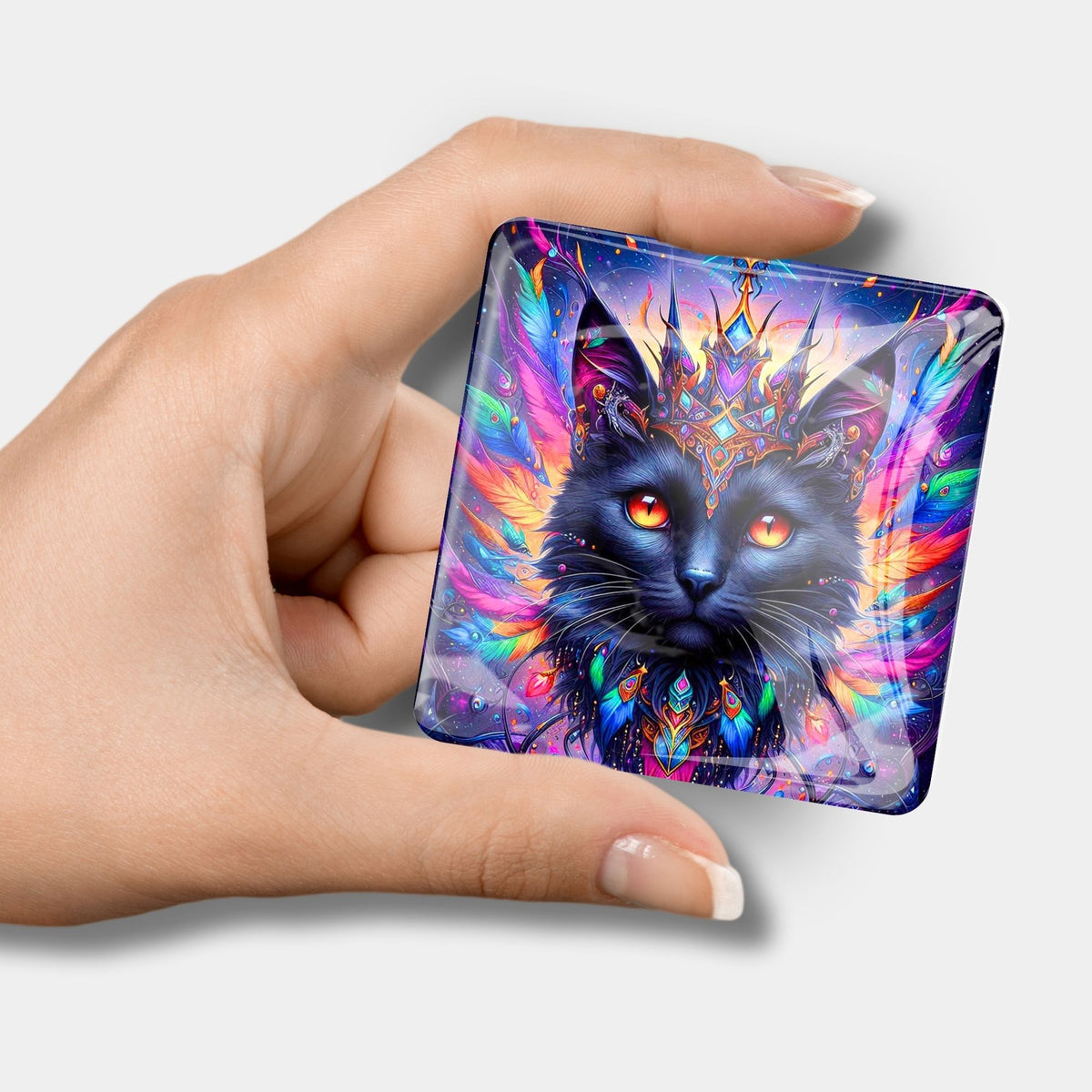 Quadratischer Diamond Painting Cover Minder mit buntem Katzenmotiv und Krone für Diamond Painting Zubehör