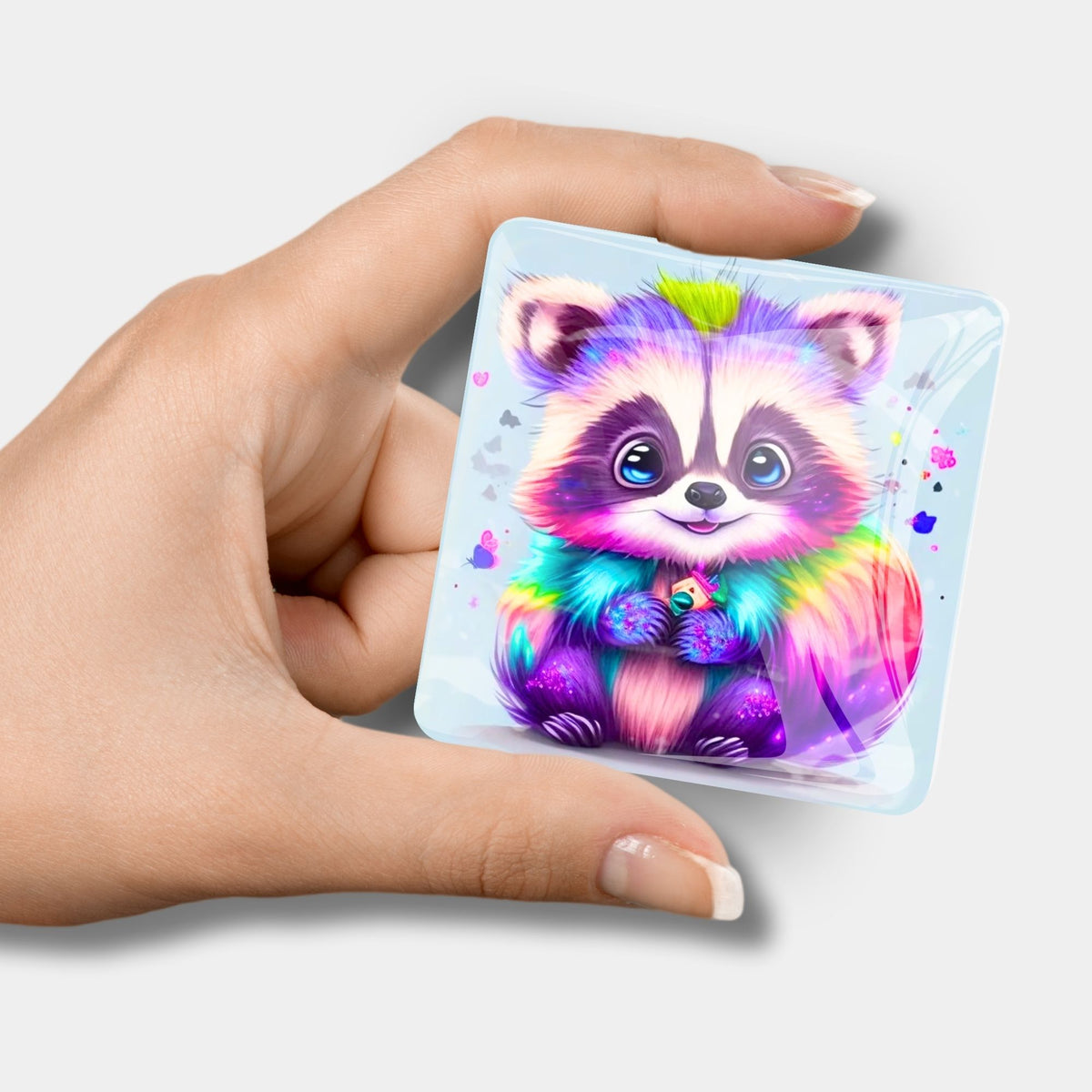 Quadratischer Diamond Painting Cover Minder Waschbär Willibald mit buntem Motiv als praktisches Zubehör für Bastler.
