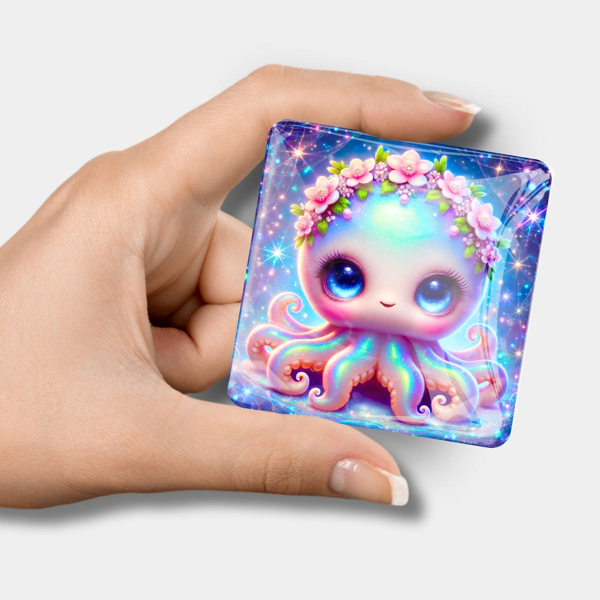 Magischer Tinty Cover Minder aus Glas für Diamond Painting mit süßem Oktopus-Motiv und Blumenkranz
