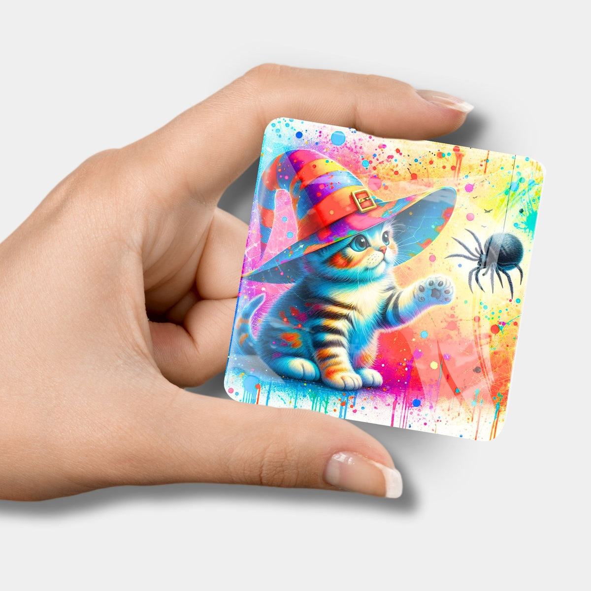 Quadratischer Diamond Painting Cover Minder Motiv Katze mit Zauberhut für kreative DIY-Bastelprojekte