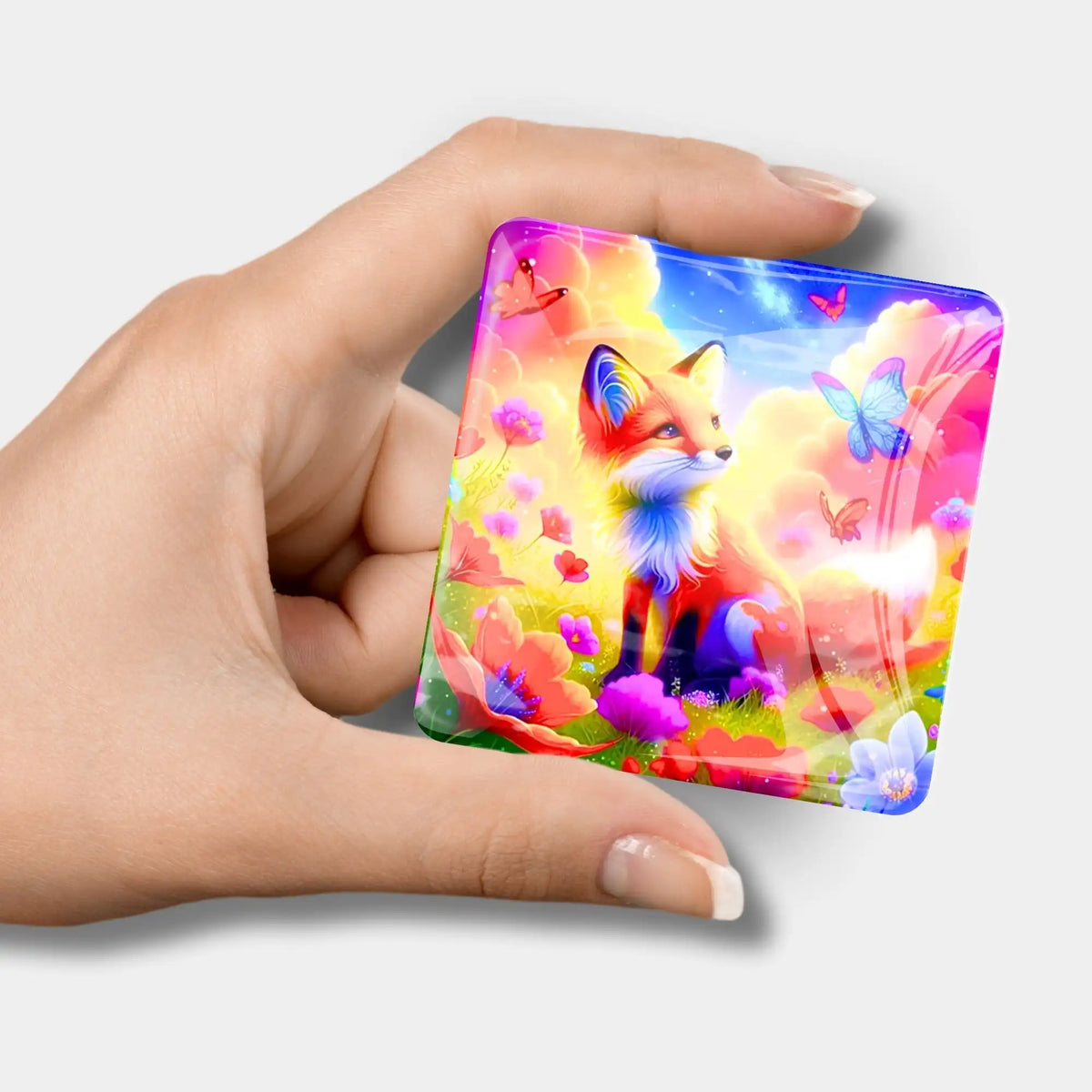 Quadratischer Diamond Painting Cover Minder mit buntem Fuchs-Motiv und Schmetterlingen für Bastelsets