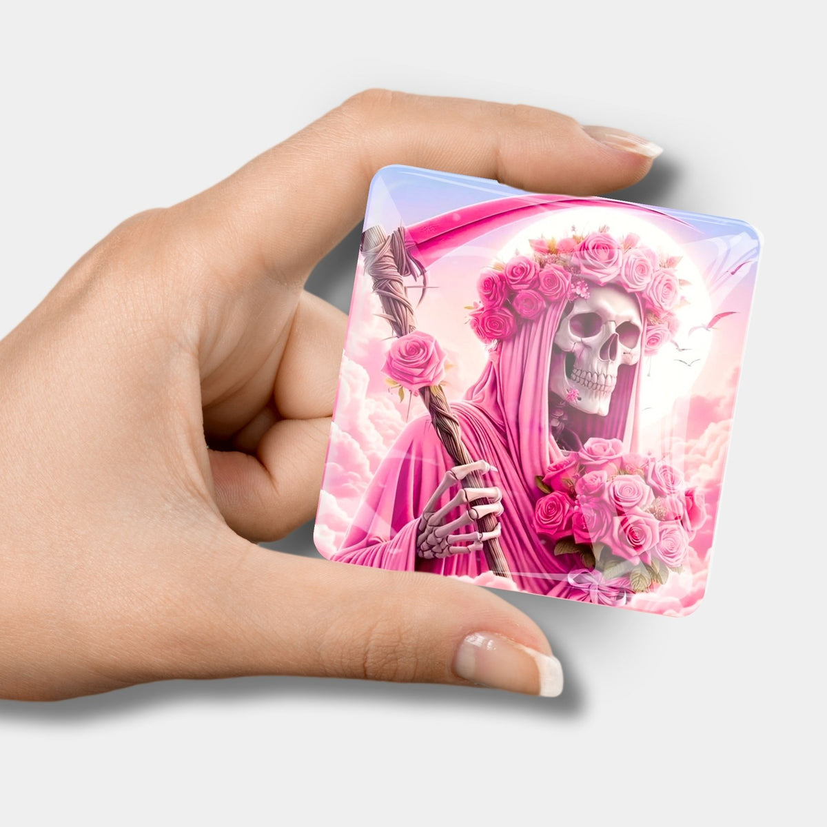 Quadratischer Diamond Painting Cover Minder als Skelett mit pinken Rosen für Diamond Painting Zubehör
