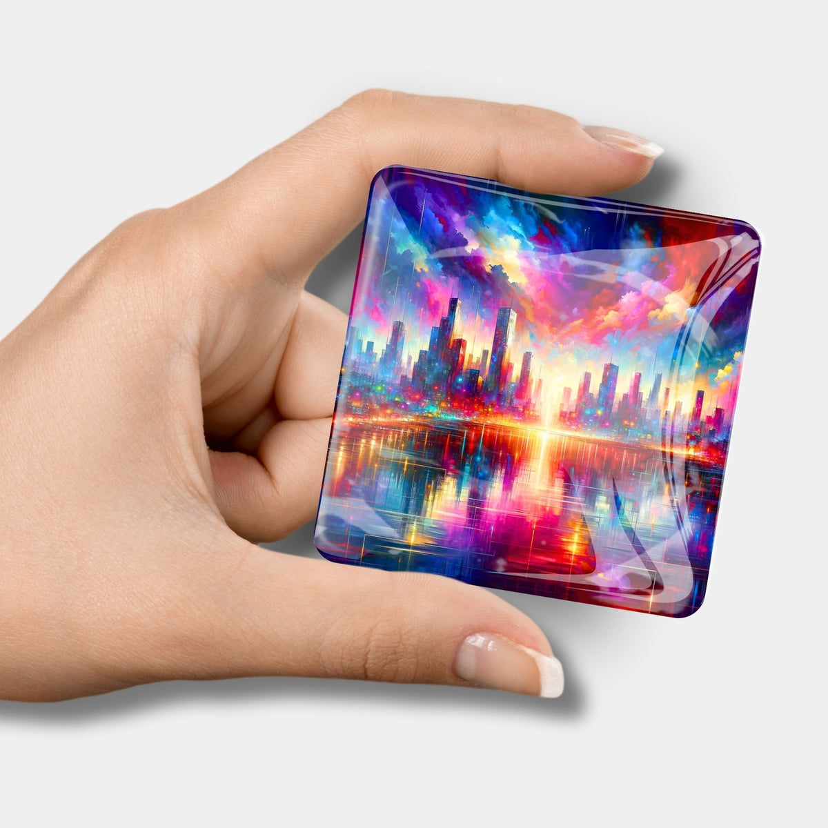Quadratischer Diamond Painting Cover Minder mit buntem Skyline Motiv in einer Hand gehalten
