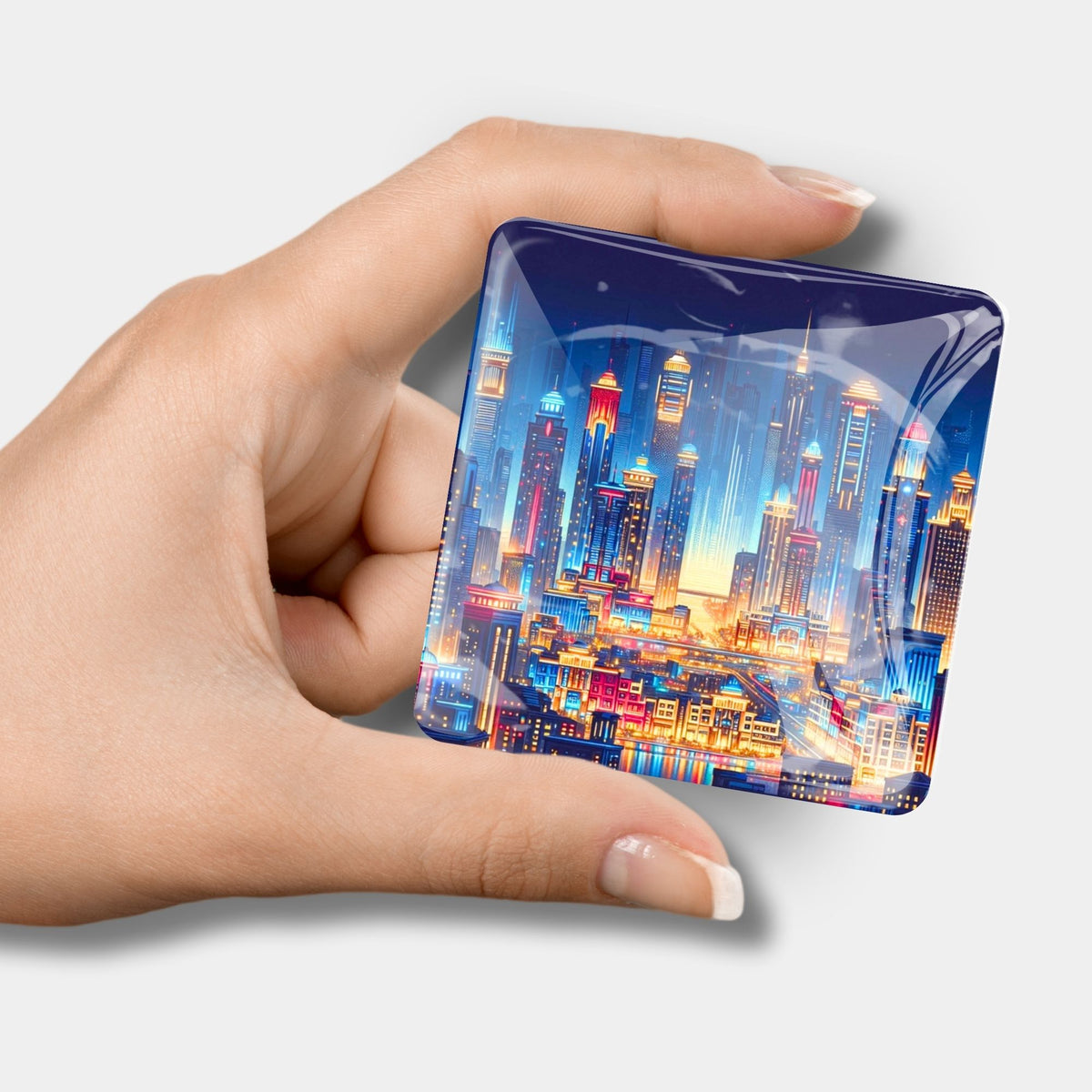 Quadratischer Diamond Painting Cover Minder Stadt der Lichter aus Glas mit Magnet für Hobby-Bastler