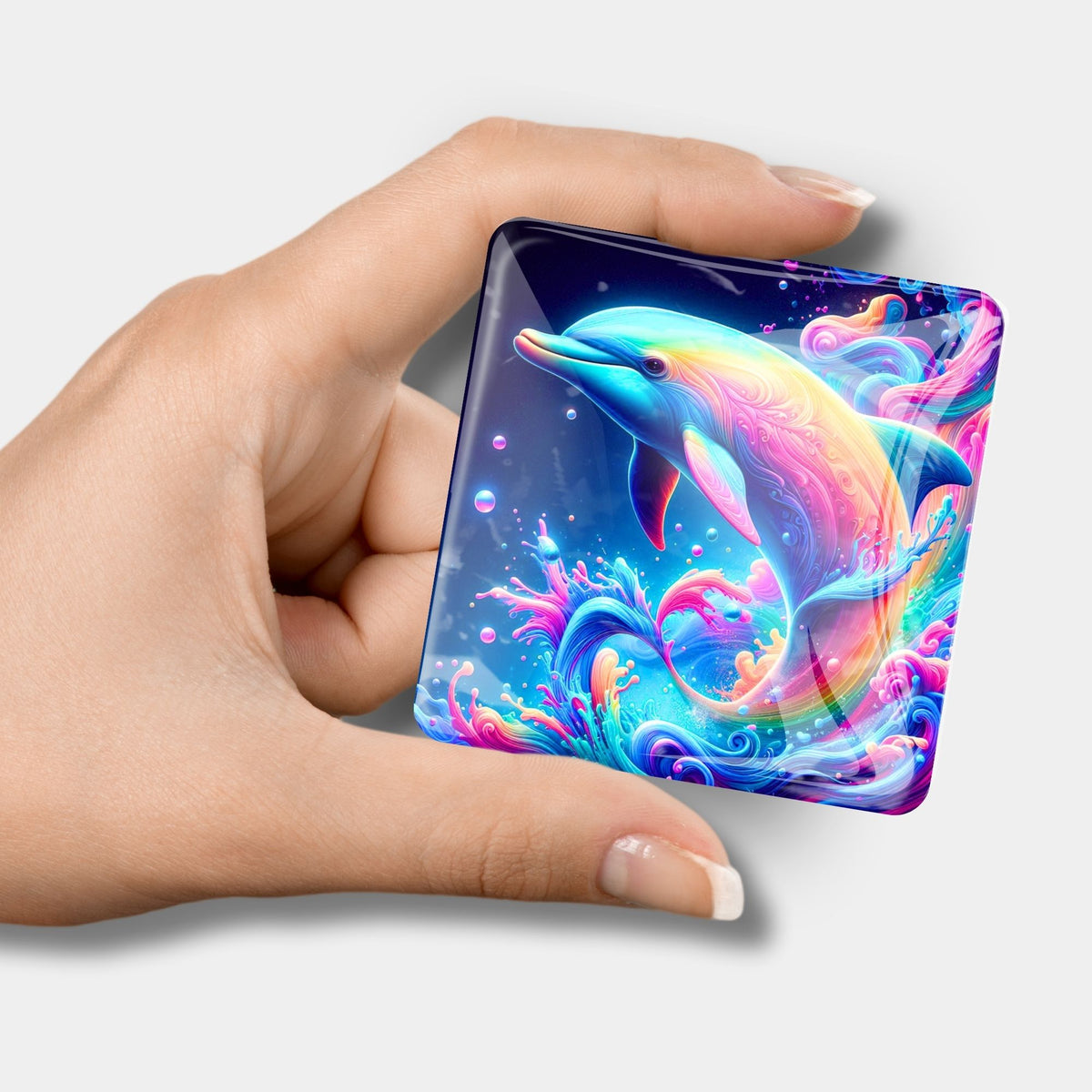 Glas Cover Minder mit buntem Delfin-Motiv als praktisches Zubehör für Diamond Painting und kreative DIY-Bastelsets