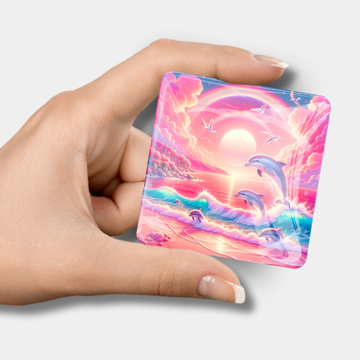 Pinker Coverminder mit Delfin-Motiv aus Glas als praktisches Zubehör für dein Diamond Painting Design.
