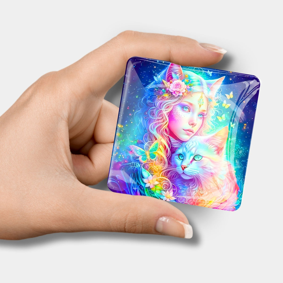 Magischer Glas-Cover-Minder im Design einer farbenfrohen Katzenelfe als praktisches Accessoire für dein Diamond Painting