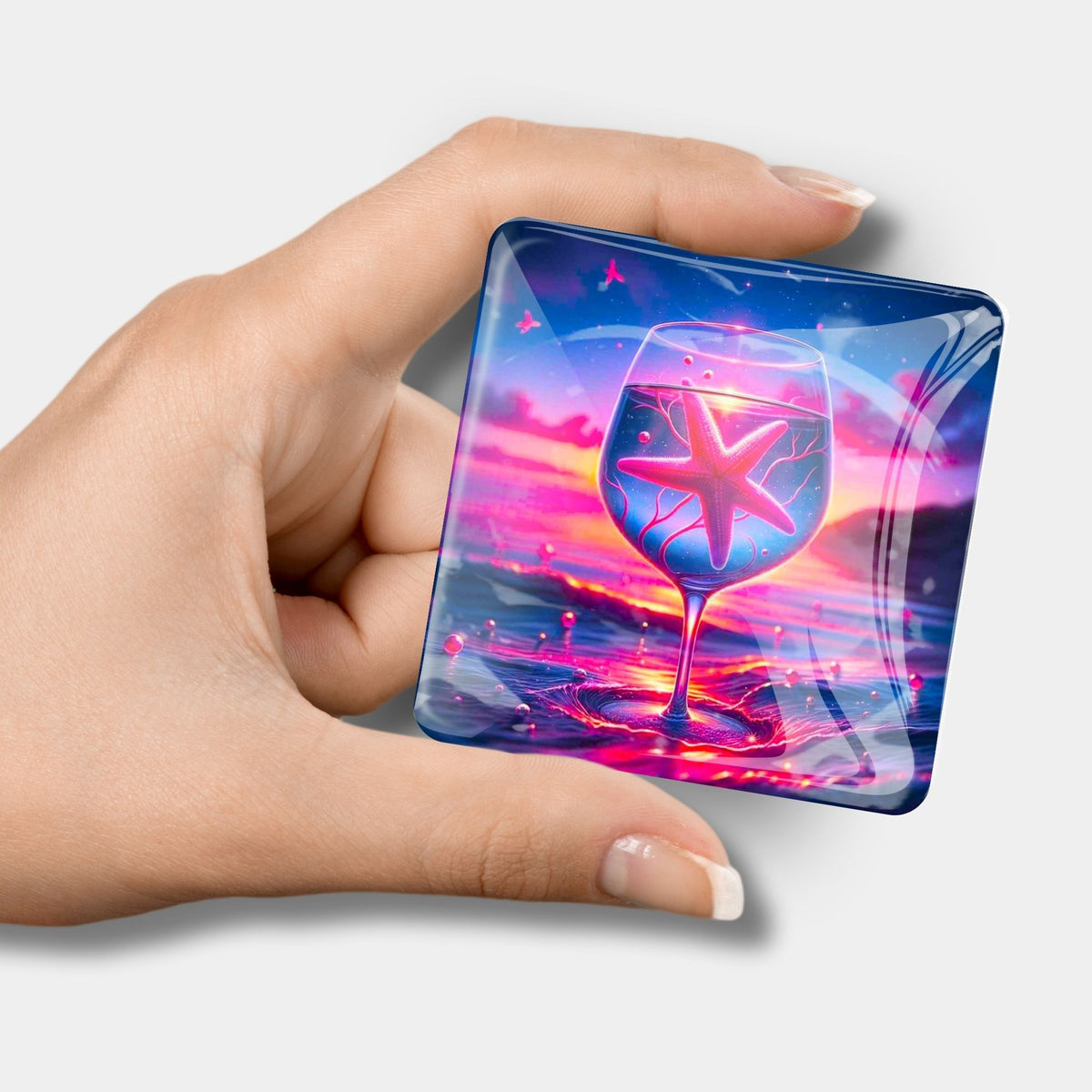 Quadratischer Cover Minder Seesternzauber aus Glas als praktisches Zubehör für dein Diamond Painting Projekt.