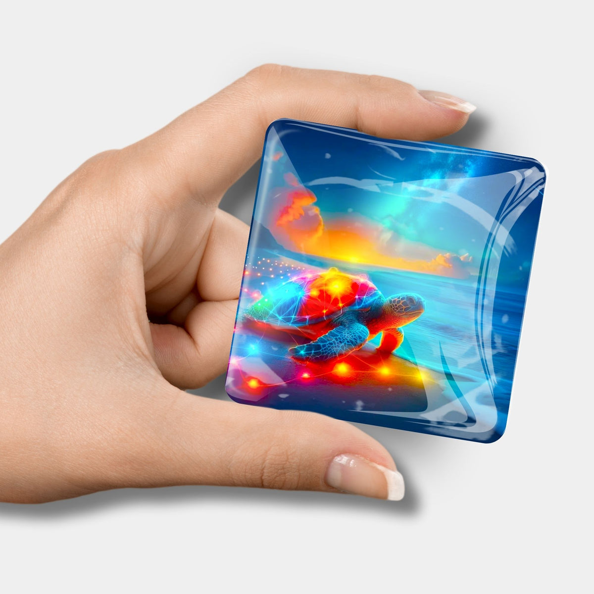 Quadratischer Diamond Painting Cover Minder aus Glas mit buntem Schildkröten-Motiv für kreative DIY-Bastelprojekte