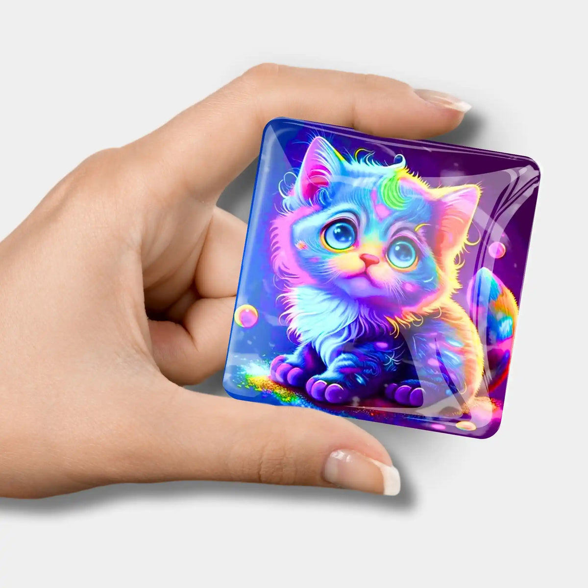 Quadratischer Rainbow Kitty Magnet Cover Minder aus Glas für Diamond Painting Zubehör mit farbenfrohem Katzenmotiv